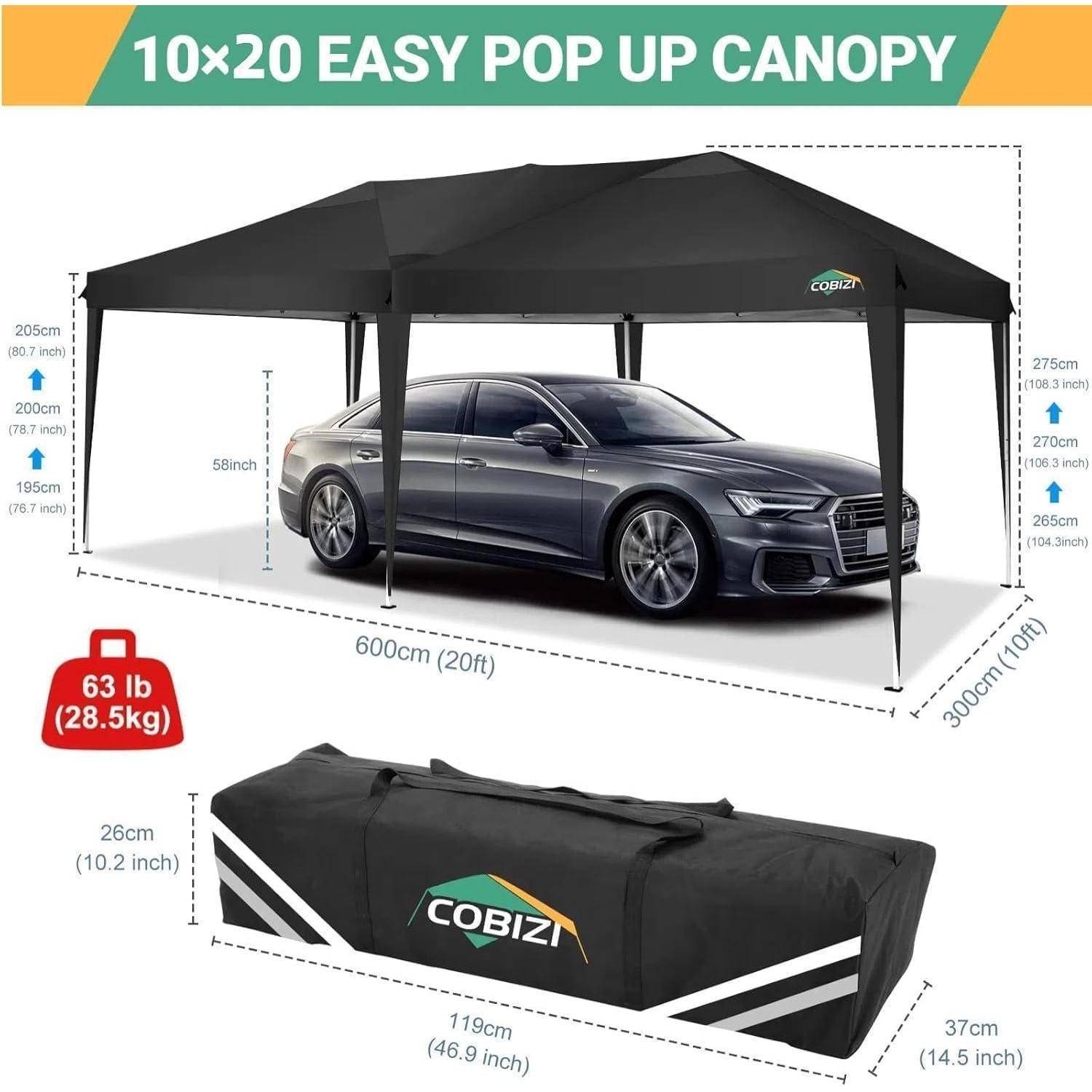 Illustration eines 10x20 einfachen Pop-Up-Zelts in Schwarz, dargestellt über einem Auto mit Abmessungen, Höhenmarkierungen und einer 63 lb Tragetasche für den Transport.