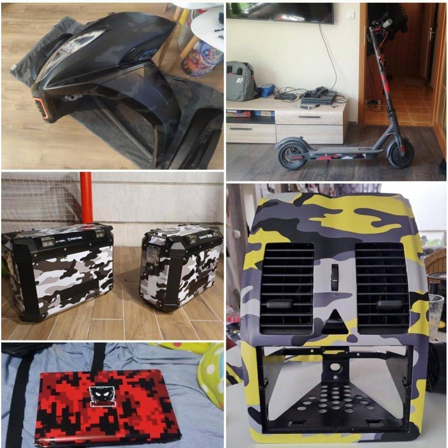 Collage aus einem schwarzen E-Roller und mehreren benutzerdefinierten Camouflage-Muster-Zubehörteilen oder Taschen, plus eine Nahaufnahme einer Camouflage-abgedeckten Gerätefrontseite mit Belüftungsöffnungen.