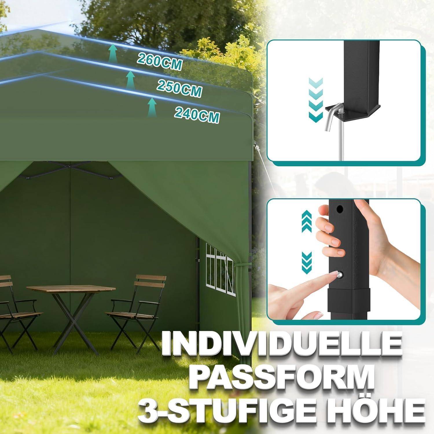 Grünes Outdoor-Pavillon-Zelt mit verstellbarer 3-stufiger Höhenmarkierung: 240 cm, 250 cm und 260 cm; eingefügte Bilder zeigen den Verriegelungsmechanismus und die manuelle Verstellung.
