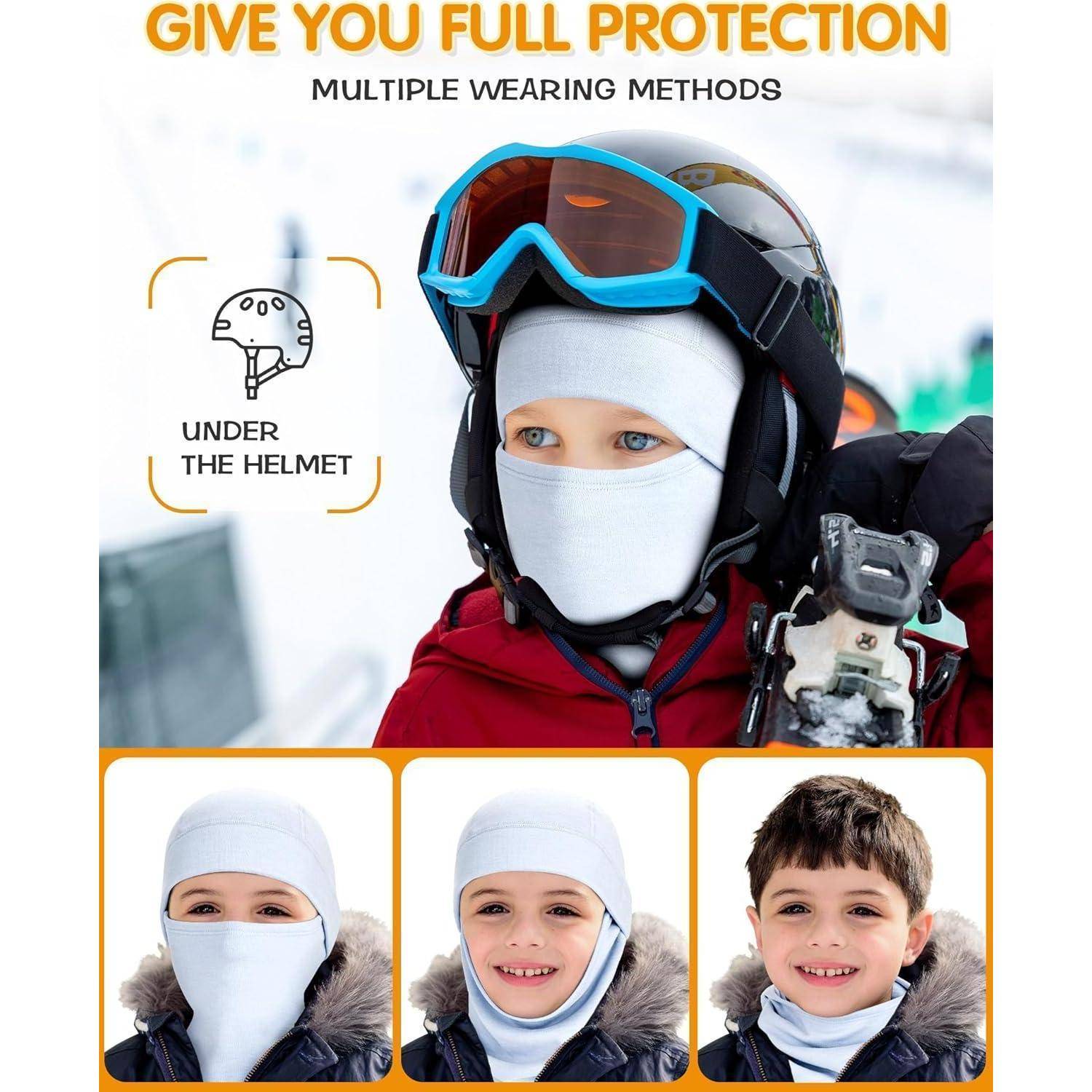 Werbebild, das ein Kind zeigt, das unter einer Skischutzbrille und einem Helm eine Gesichtswintermütze mit vollem Gesichtsschutz trägt, mit dem Text „Bietet dir vollständigen Schutz" und Beispiele verschiedener Trageweisen.