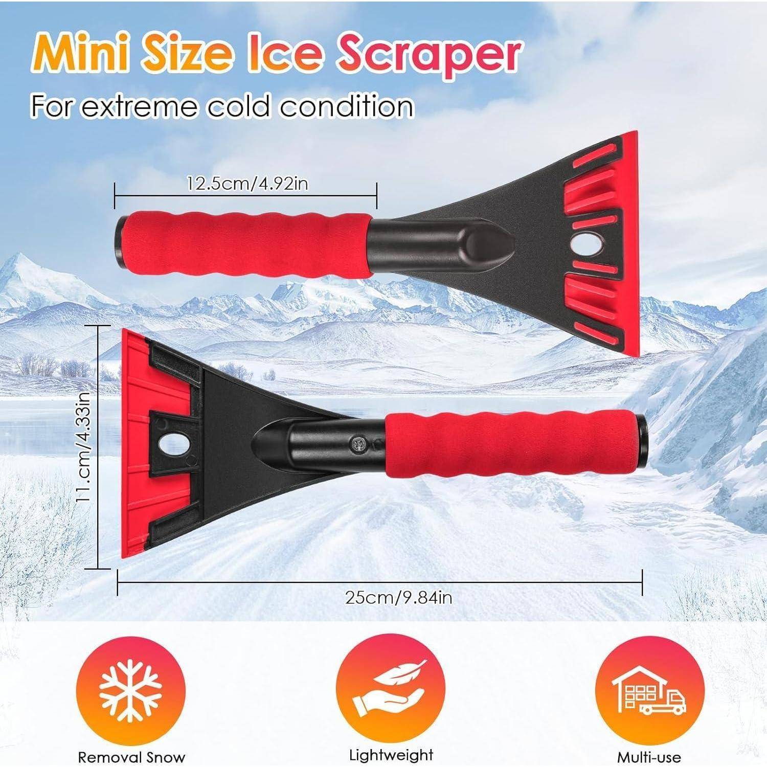 Eiskratzer in Minimigröße Produktbild zeigt zwei rot-schwarze Schneekratzer mit Abmessungen und Symbolen für Schneeentfernung, leichtgewichtig und Mehrzwecknutzung.
