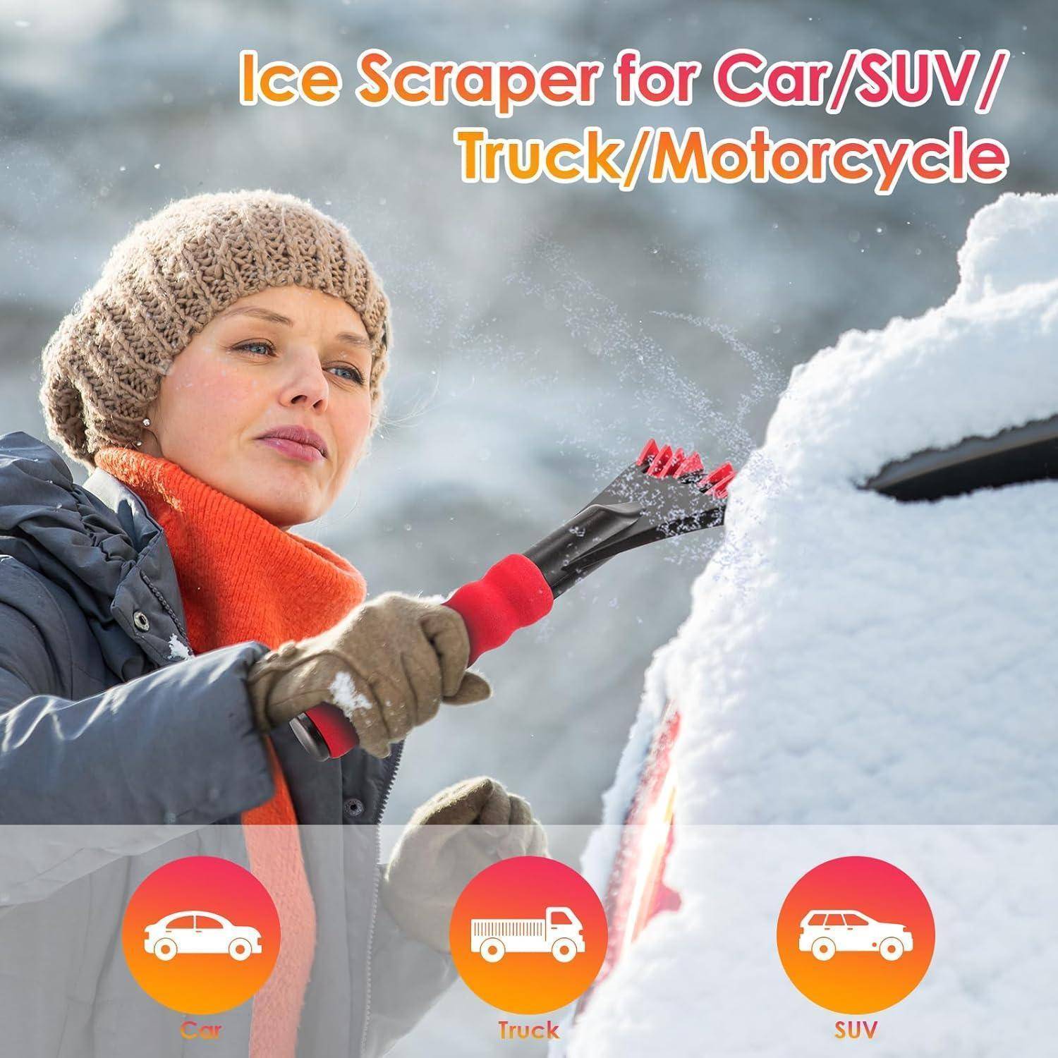 Frau kratzt Schnee und Eis mit einem Eiskratzer von einem Fahrzeug ab; Text lautet „Eiskratzer für Auto/SUV/Lastkraftwagen/Motorrad