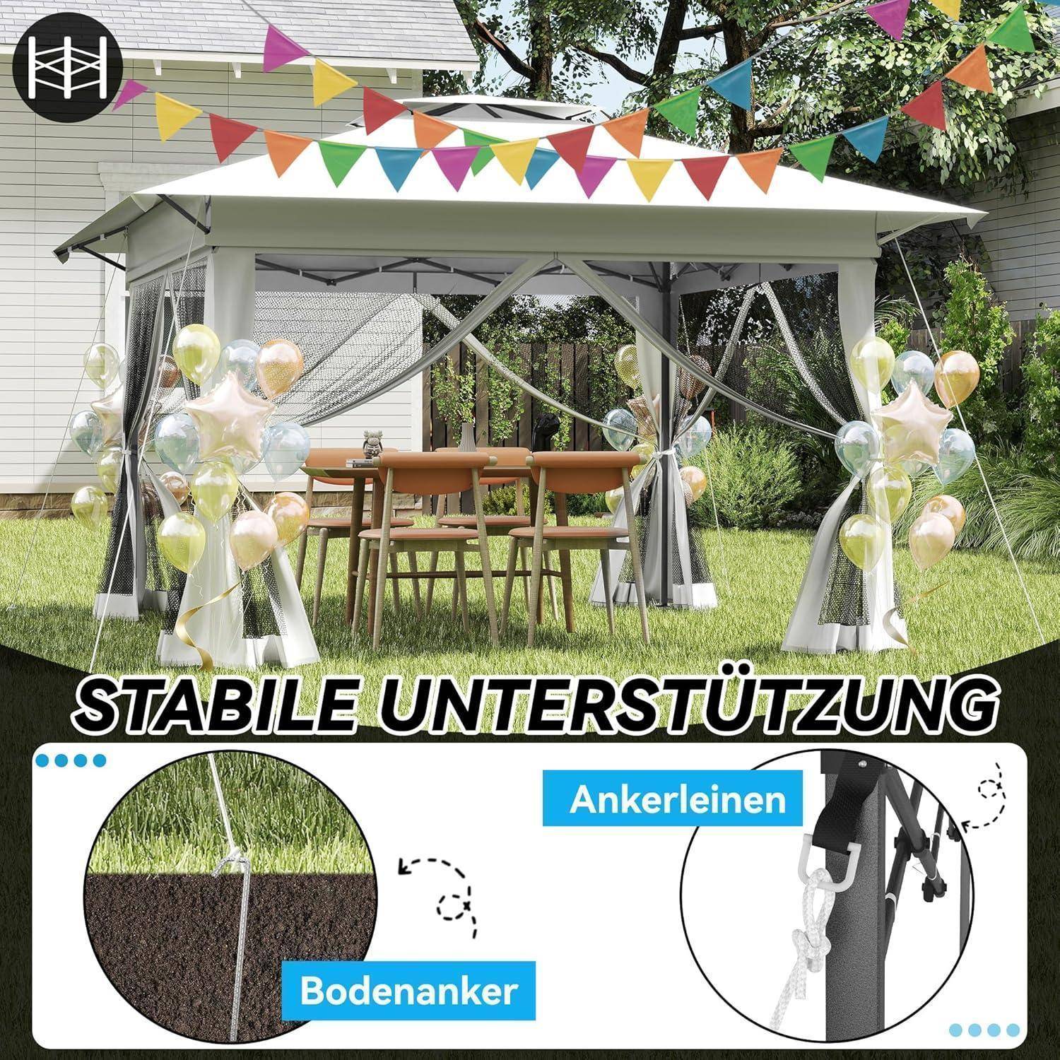 Gartenlaube, die mit Ballons und Wimpelketten dekoriert ist, mit der Beschriftung „STABILE UNTERSTÜTZUNG