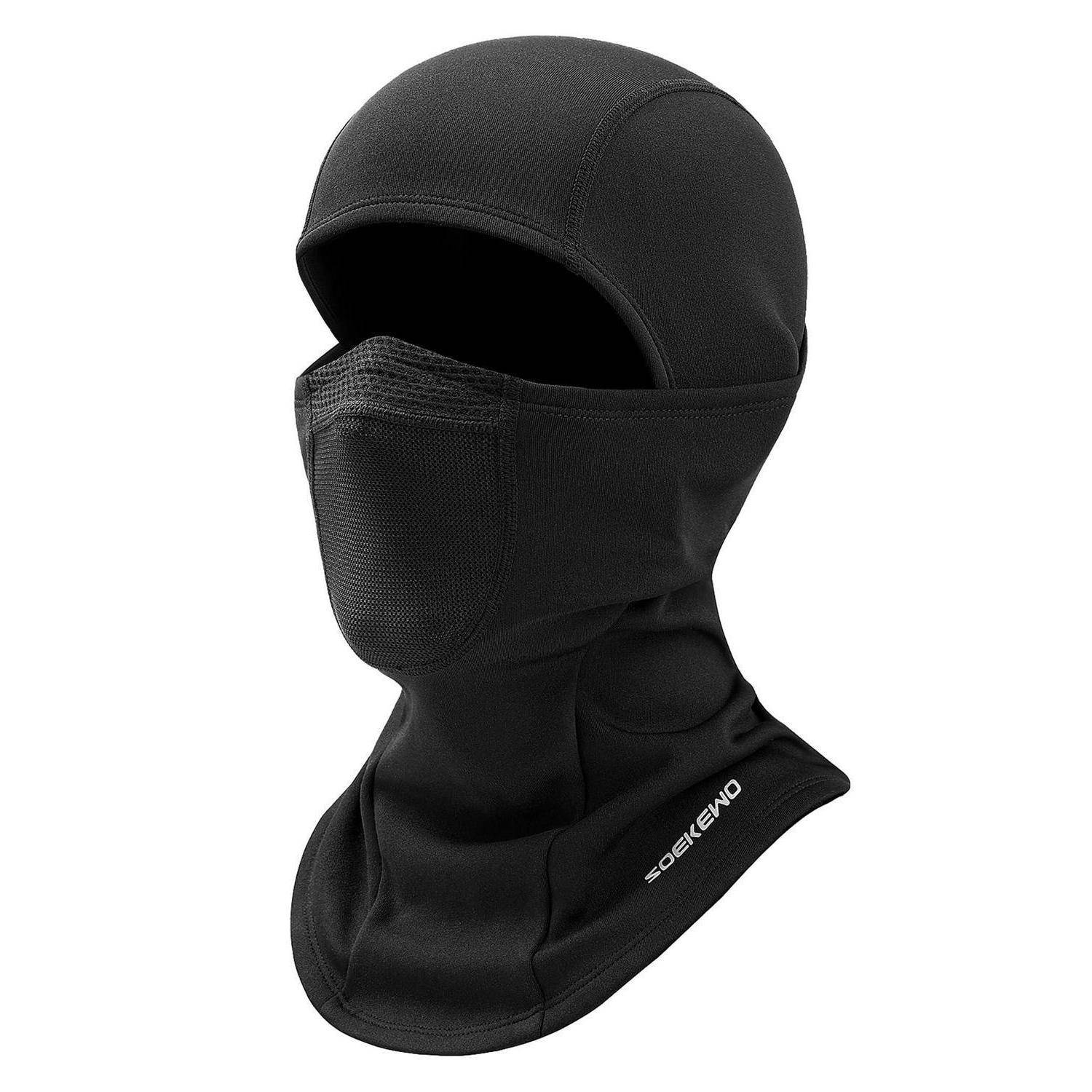 Schwarze Vollgesichts-Balaclava-Haube mit Netzstoffmund-Abdeckung, gezeigt auf weißem Hintergrund.