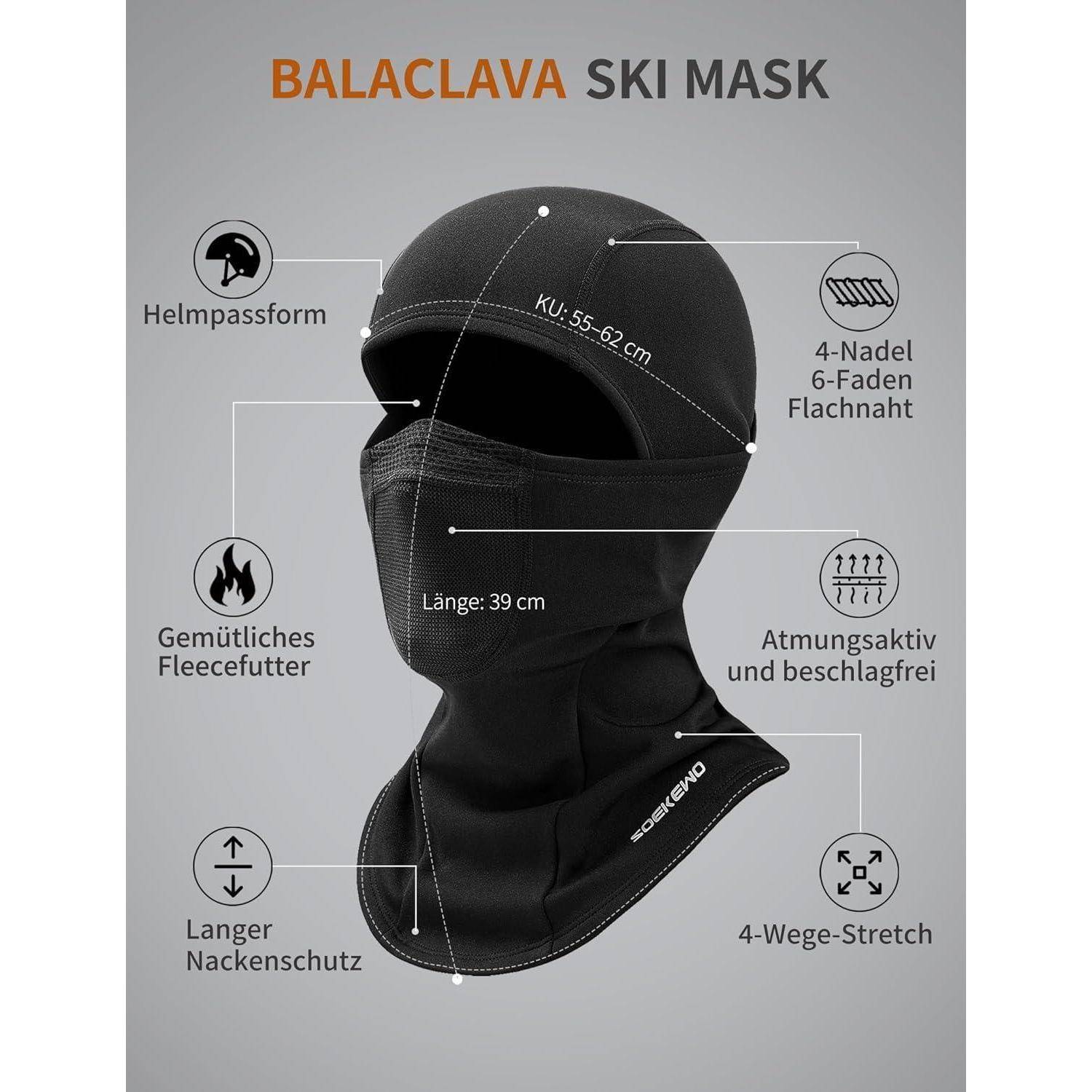 Abbildung einer schwarzen Sturmhaube/Skimaske mit der Bezeichnung „BALACLAVA SKI MASK" mit folgenden Eigenschaften: helmkompatible Passform, Fleecefutter, langer Nackenschutz, atmungsaktiver Anti-Beschlag-Stoff, 4-Nadel-6-Faden-Flachnaht und 4-Wege-Stretch.