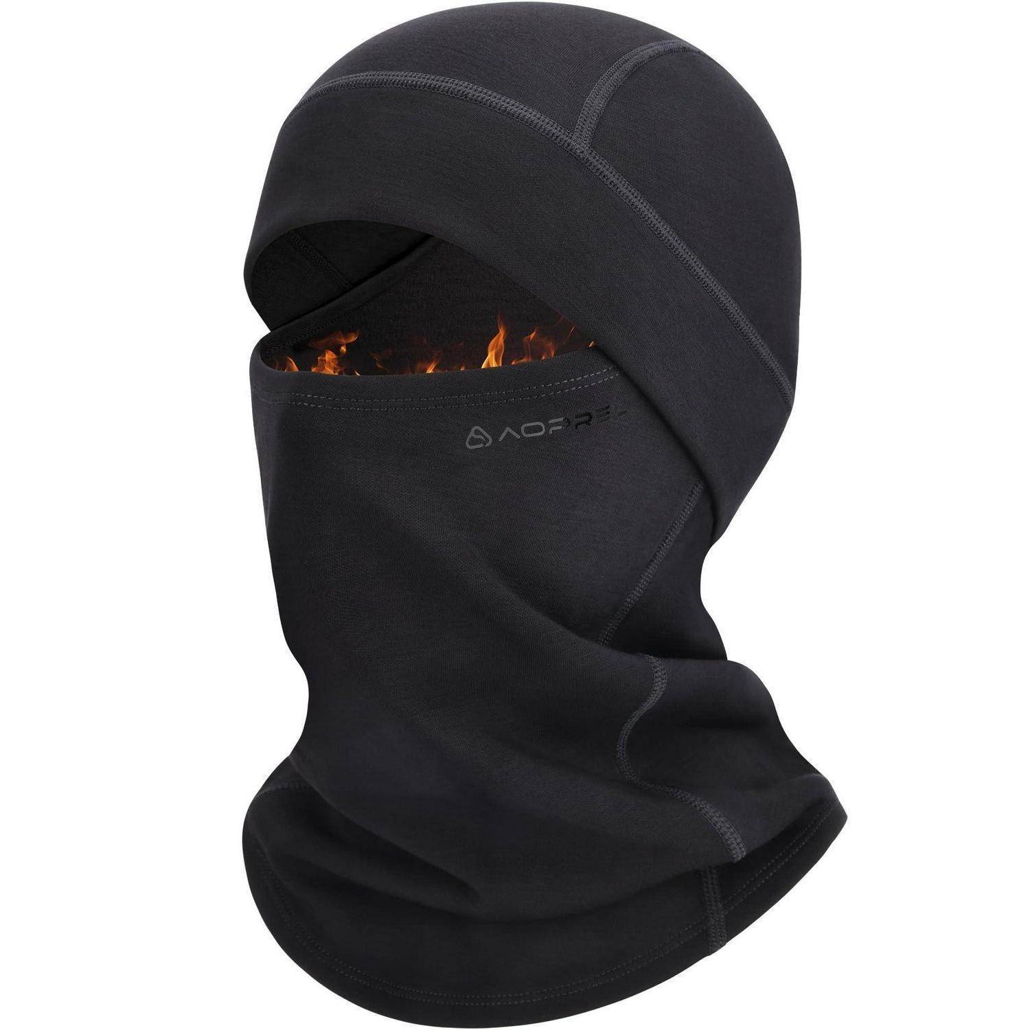 Schwarze thermische Sturmhaube mit flammengesäumter Öffnung, bedeckt Kopf und Nacken für Kälteschutz.