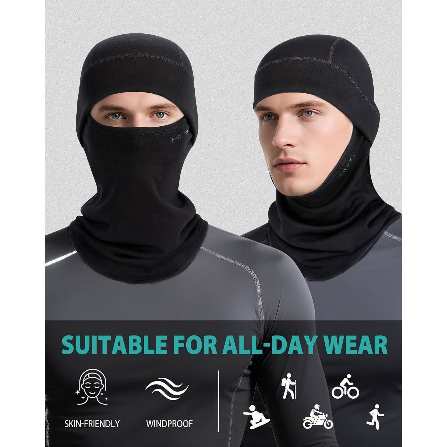 Zwei Models, die schwarze Sturmhaube-ähnliche Gesichtsmasken und graue Sportshirts tragen, mit dem Text „GEEIGNET FÜR DEN GANZTÄGIGEN EINSATZ" und Symbolen für hautfreundliche und winddichte Eigenschaften.