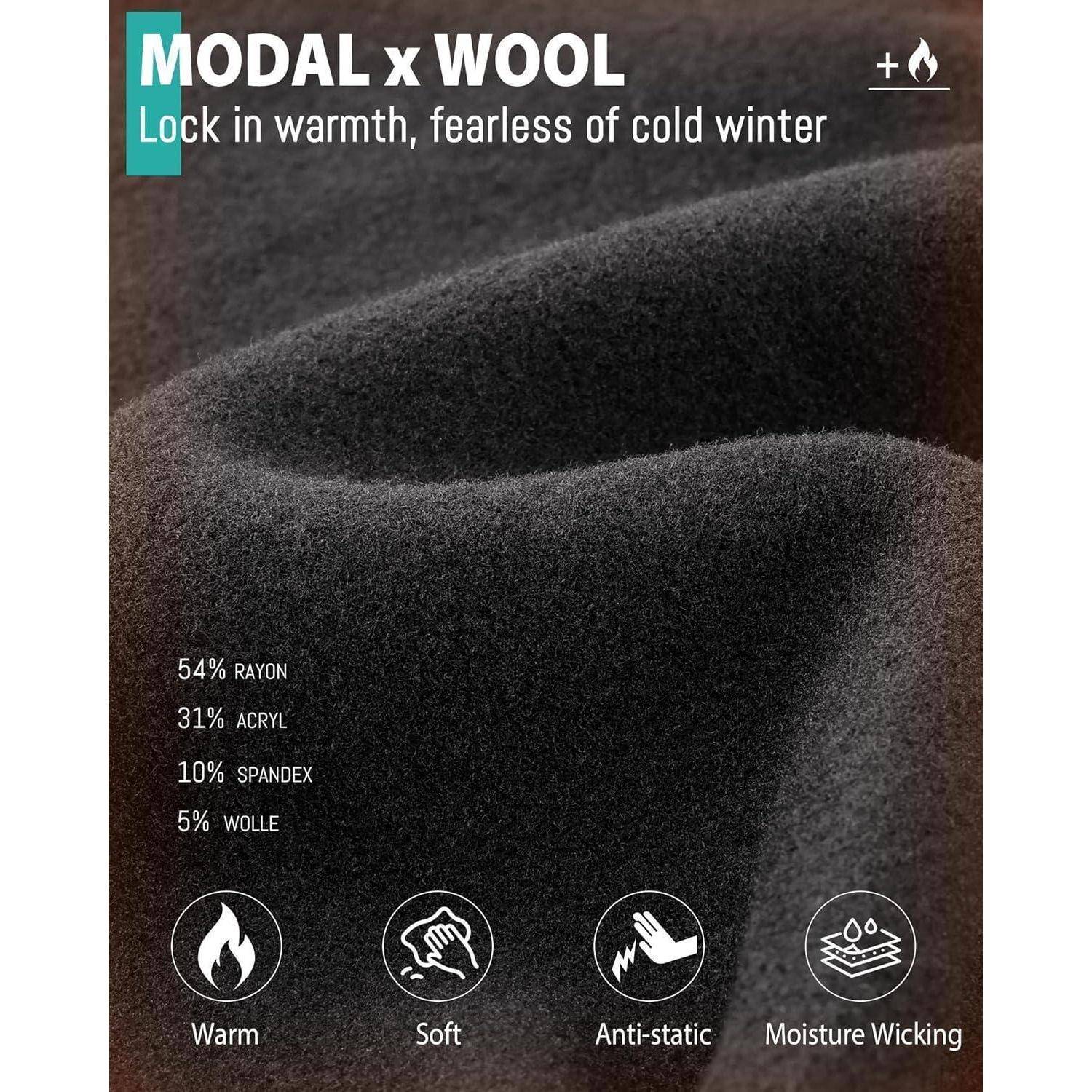 Werbebild aus dunklem Wollmischgewebe mit Text „MODAL x WOOL" und „Wärme speichern, furchtlos vor kaltem Winter""; aufgelistet 54% Viskose, 31% Acryl, 10% Elasthan, 5% Wolle, und Symbole für wärmend, weich, antistatisch, Feuchtigkeitstransport.