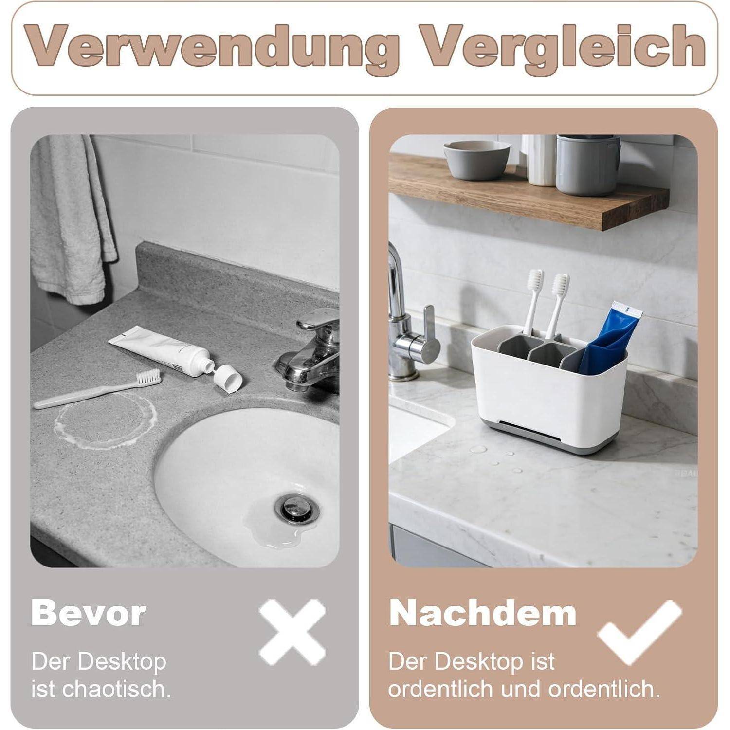 Vorher-und-Nachher-Vergleich des Badezimmerkounter-Organizers: Links wird der unordentliche Waschbereich gezeigt; Rechts zeigt sich ein ordentlich organisierter Zahnbürstenhalter und Vorräte. Der deutsche Text sagt „Verwendungsvergleich