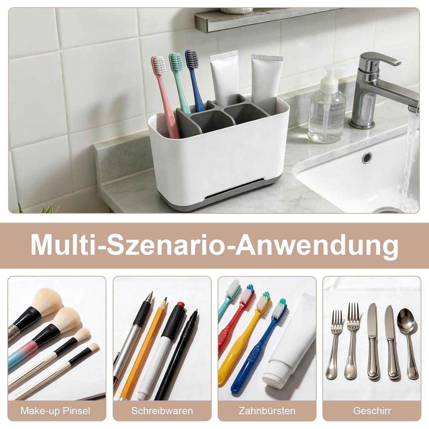Collage mit einem weißen Arbeitsplatz-Organizer neben einem Waschbecken. Das obere Bild zeigt Zahnbürsten und Tuben, und Icons für Makeup-Pinsel, Stifte, Zahnbürsten und Besteck sind mit 
