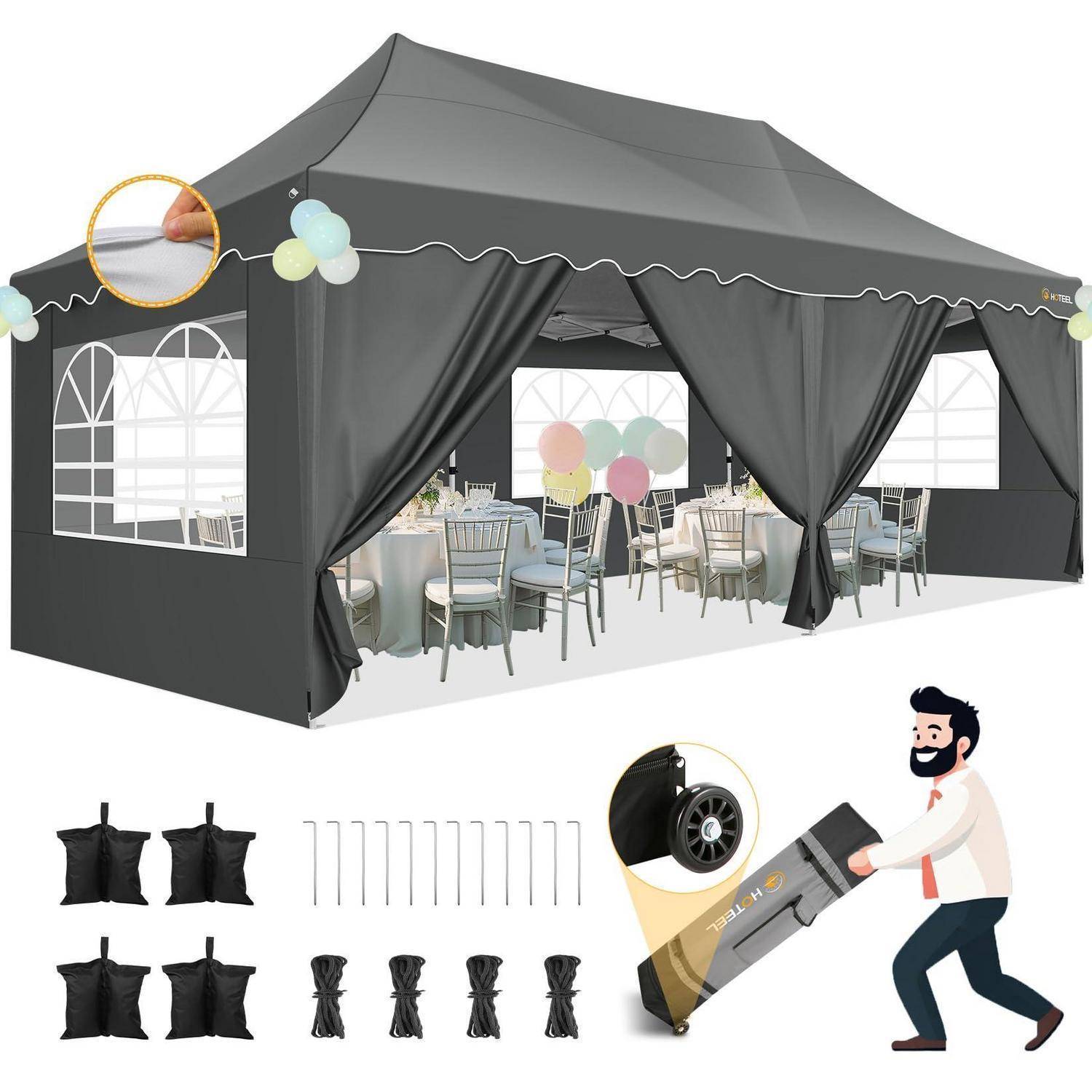 Illustration eines schwarzen Outdoor-Pavillon-Zeltes mit Vorhängen, Fenstern, Tischen und Stühlen im Inneren, plus mitgeliefertem Zubehör wie Heringe, Seile, Gewichte und ein Mann, der die Zelttragetasche trägt.