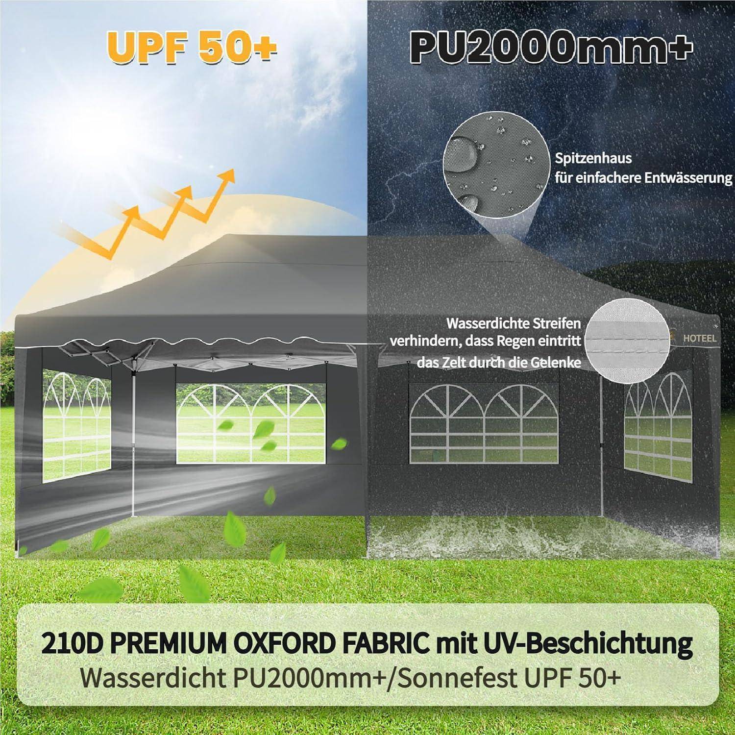 HOTEEL Faltpavillon 3x6 Wasserdicht Stabil mit 6 Seitenwänden (Grau) | Pop Up Pavillon Wellensaum, UV Schutz 50+ Verdicktem Rahmen, für Hochzeiten