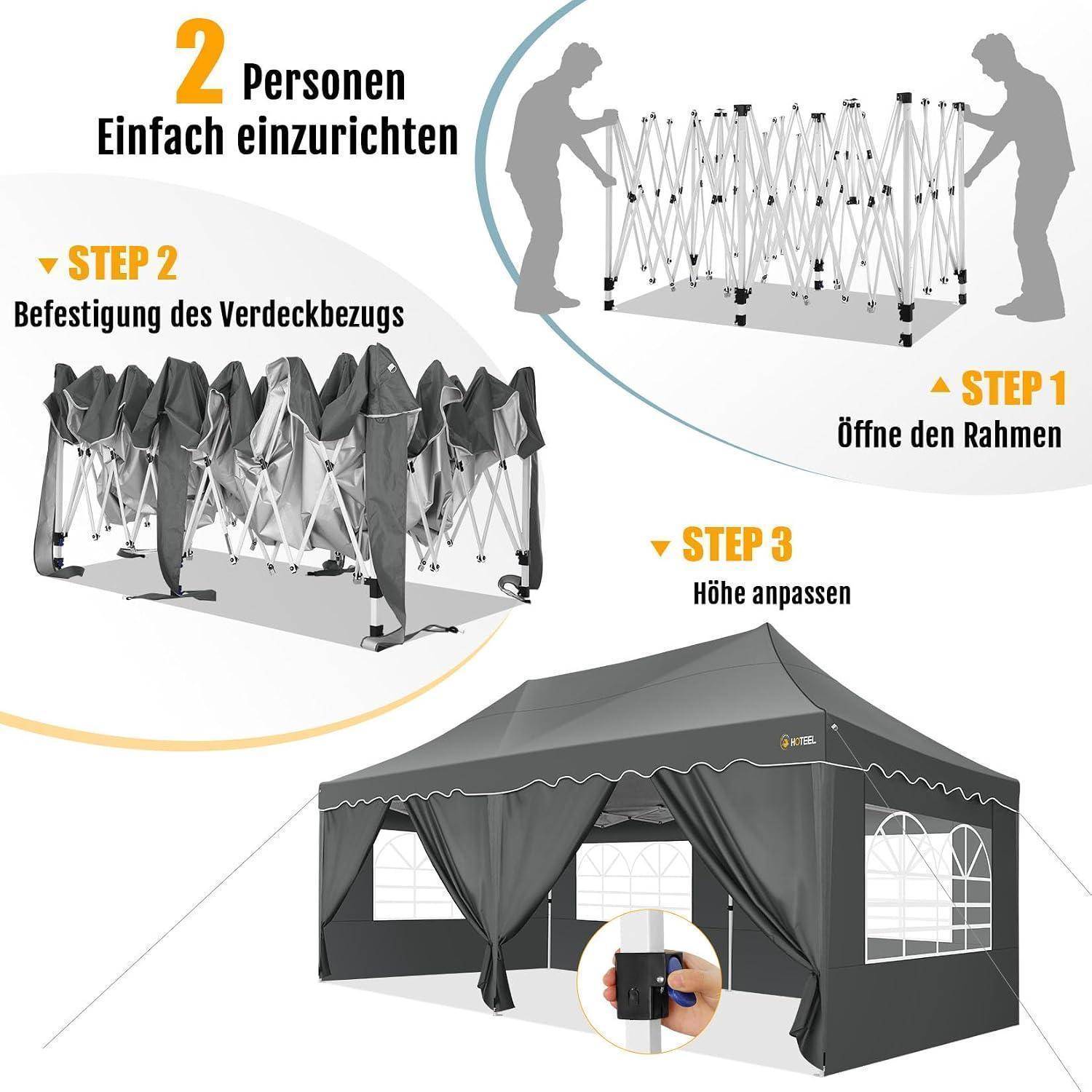 Anleitungsgrafik zur Einrichtung eines Pop-Up-Baldachins in 3 Schritten: Rahmen öffnen, Abdeckung anbringen, dann Höhe einstellen; mit der Aufschrift „2 Personen Einfach einzurichten