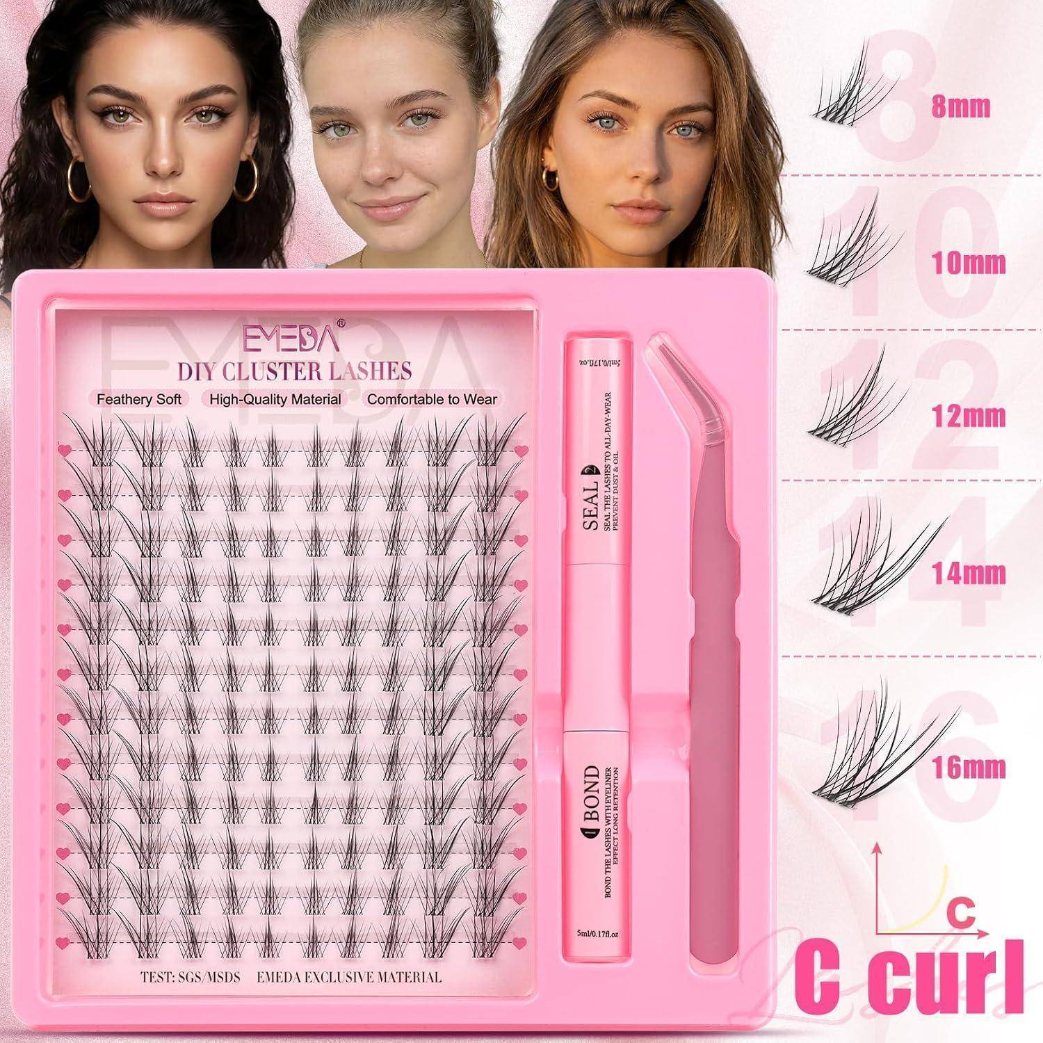 Rosa-farbenes Wimpernverlängerungsset mit Büschel-Wimpern, Kleber und Applikator, mit Locken-Diagramm für 8 mm bis 16 mm Längen und Stylinghandbuch für „C-Locke