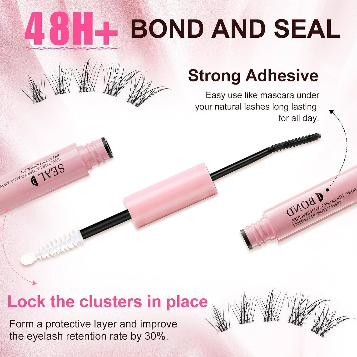 Werbung für '48H+ BOND AND SEAL' Wimpernkleber mit einem maskara-ähnlichen Applikator, Wimpernbüscheln und Text, der einen starken, lang anhaltenden Halt und die Haltbarkeit von Büscheln bewirbt.