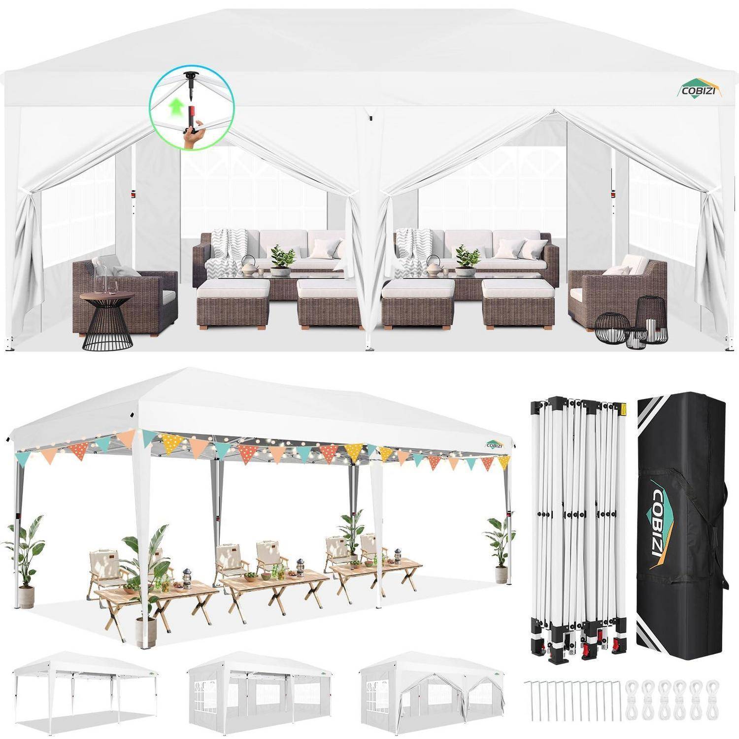 Zusammenklappbares weißes Baldachindach in mehreren Konfigurationen gezeigt, mit Seitenwänden, Outdoor-Loungenmöbeln und mitgeliefertem Gestell, Abdeckung und Tragetasche.
