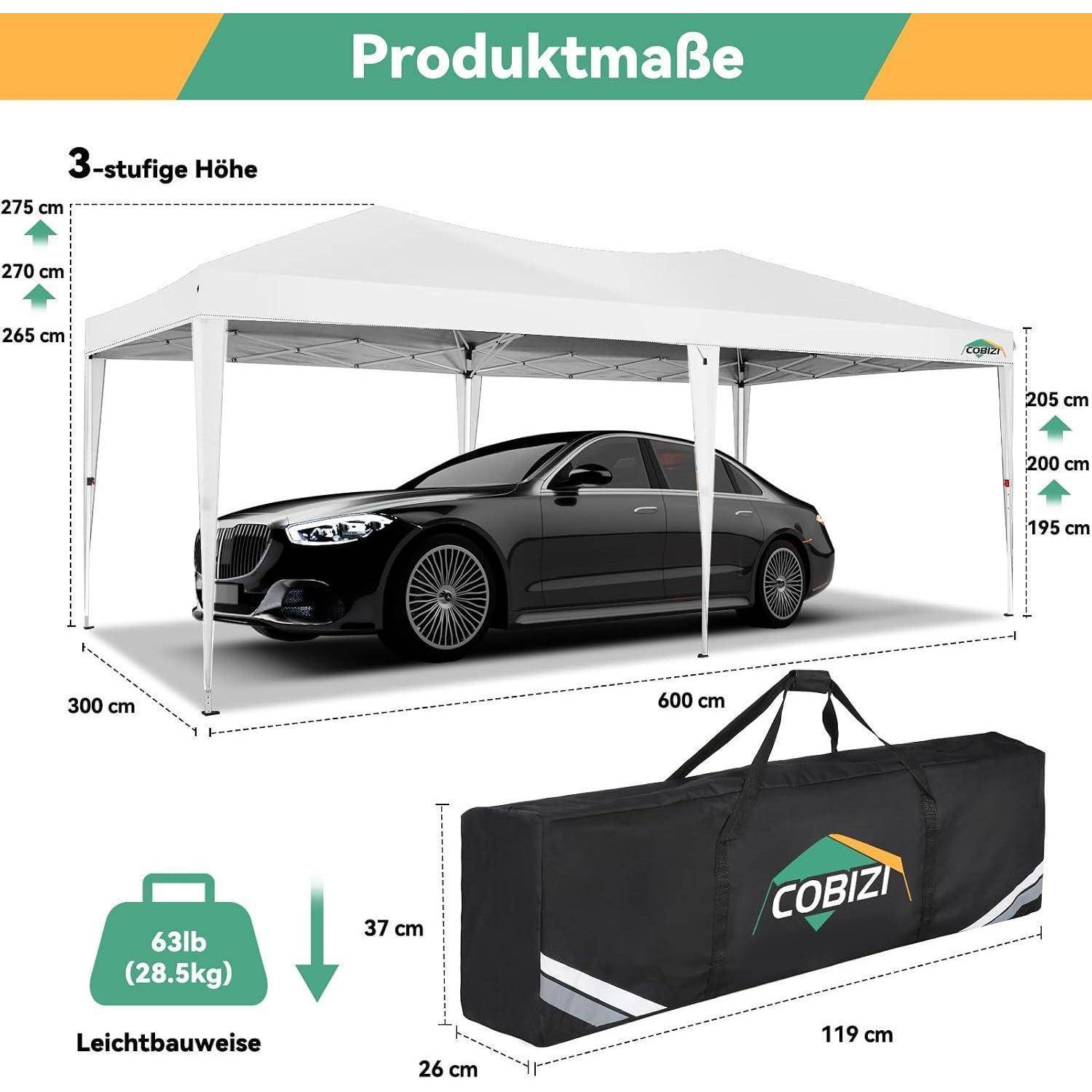 Produktabmessungen-Diagramm einer weißen Autoverdachung: drei Höheneinstellungen (265, 270, 275 cm), Grundfläche 300 x 600 cm, Freihöhen 195, 200, 205 cm, und eine Tragetasche mit den Abmessungen 119 x 37 x 26 cm mit einem Gewicht von 28,5 kg.