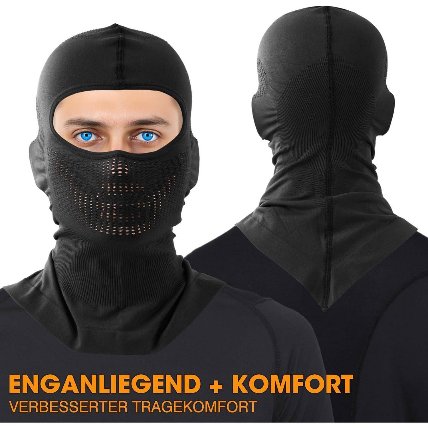 Schwarze Gesichtsmaske mit Sturmhaube von vorne und hinten an einer Person gezeigt; deutscher Text liest sich „ENGANLIEGEND + KOMFORT" und „VERBESSERTER TRAGEKOMFORT"".