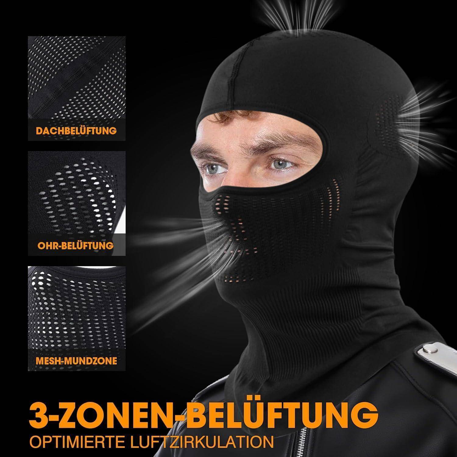 Schwarze Sturmhaube mit drei Belüftungszonen; Nahaufnahme einer Person, die sie trägt, mit angezeigtem Luftstrom und Text mit der Aufschrift „3-ZONEN-BELÜFTUNG