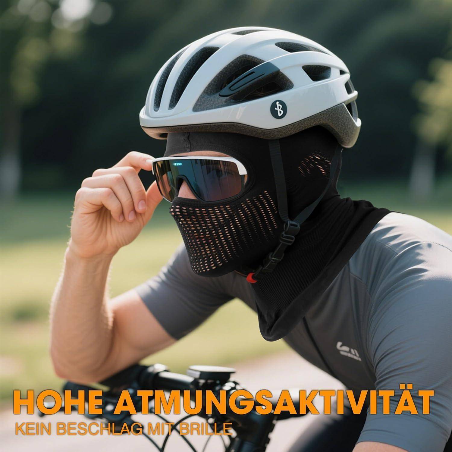 Radfahrer mit Helm und Gesichtsmaske passt Sonnenbrille an; Text sagt „HOHE ATMUNGSAKTIVITÄT