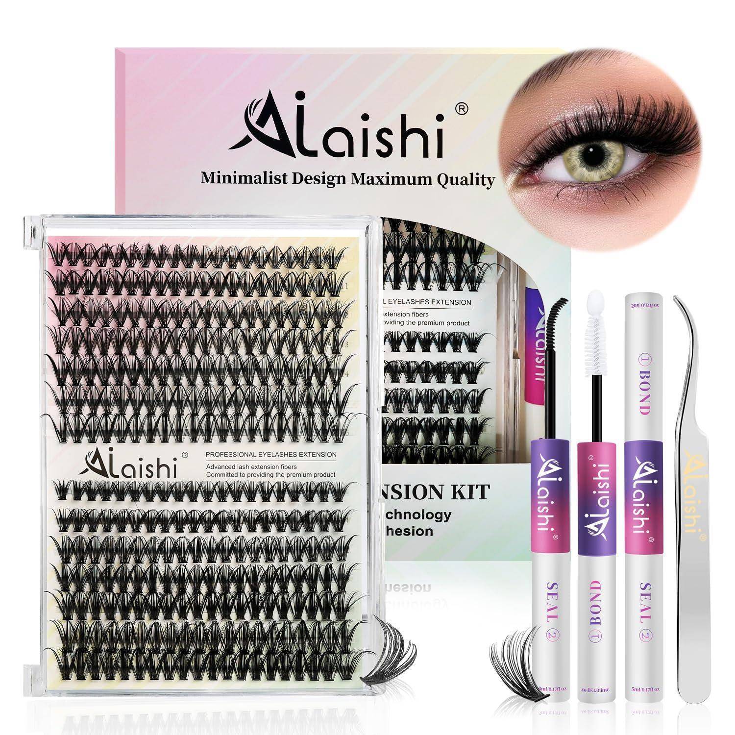 Laishi-Wimpernverlängerungsset mit gemischten künstlichen Wimpern, Leimtuben, Pinzetten, Spoolie und Augennah-Ansicht; Produktverpackung gezeigt.