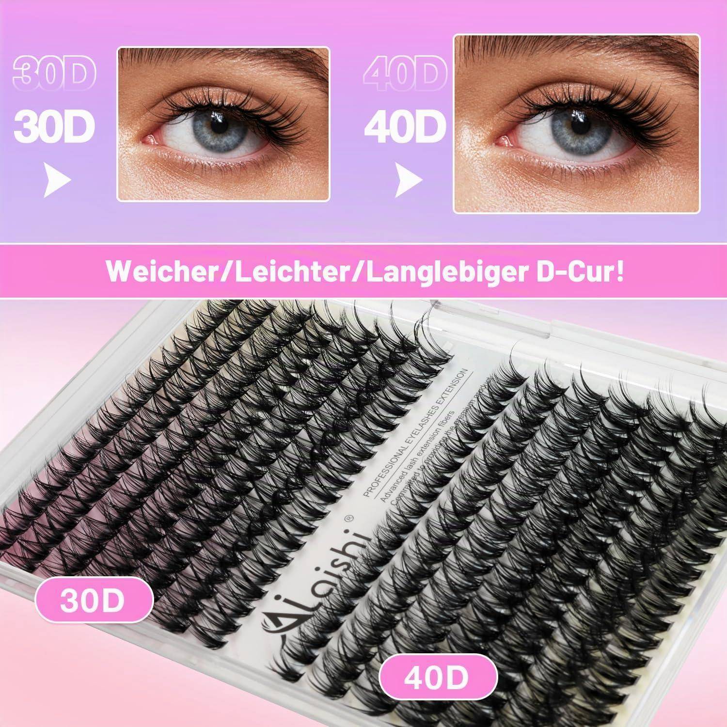 Promotionsbild zum Vergleich von 30D und 40D Kunstwimpern, zeigt zwei Nahaufnahmen von Augen und Wimperntabletts, mit deutschem Text „Weicher/Leichter/Langlebiger D-Curl!
