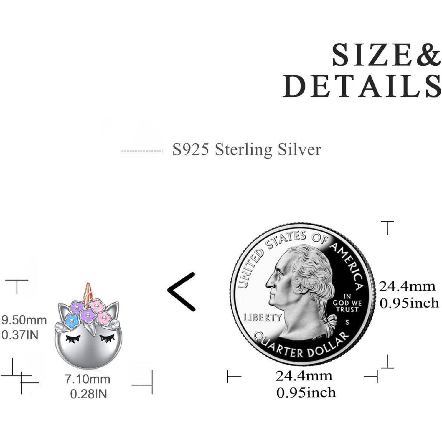 Die Größenangaben zeigen einen S925-Sterlingsilber-Katzen-Ohrring, 9,50 mm groß und 7,10 mm breit, verglichen mit einem 24,4-mm-Cent zum Größenvergleich.
