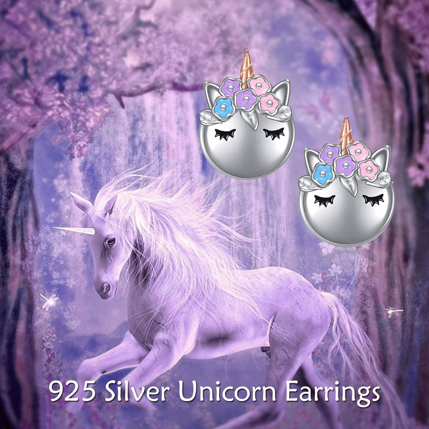 Werbebild mit einem silbernen Einhorn und dem Text '925 Silber Einhorn Ohrringe' sowie zwei Designs von Einhorn-Ohrringen in der oberen rechten Ecke.