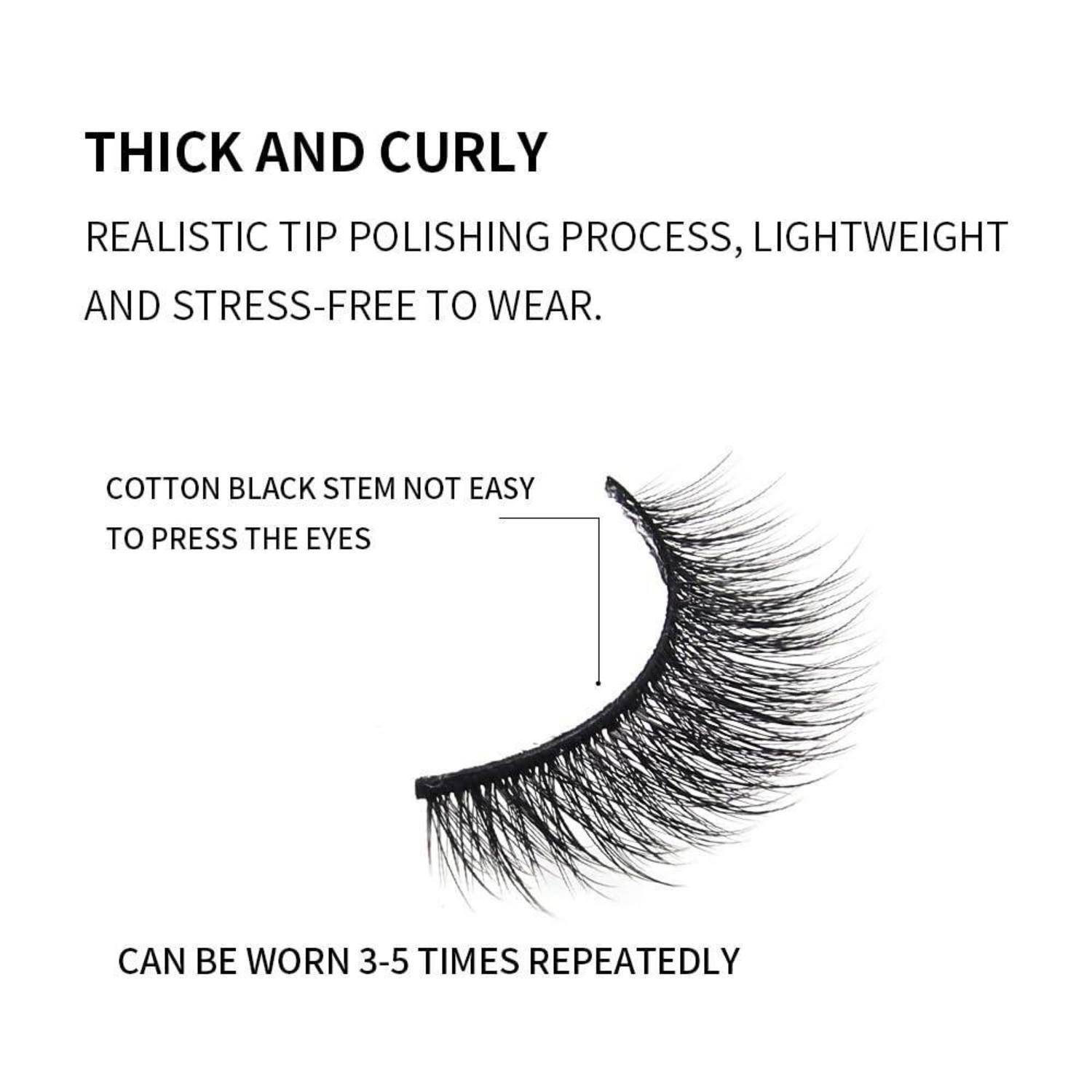 Produktgrafik von dicken lockigen künstlichen Wimpern mit Hervorhebung einer realistischen Spitze, schwarzem Baumwollstiel, der die Augen nicht leicht drückt, und die 3-5 Mal wiederverwendbar getragen werden können.