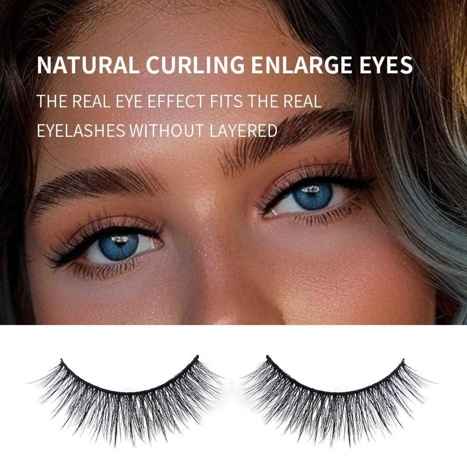 Werbebild mit blauen Augen mit falschen Wimpern und dem Text „NATÜRLICHES LOCKEN VERGRÖSSERN AUGEN