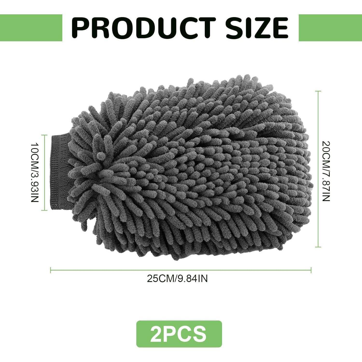 Größendiagramm eines grauen Mikrofaser-Chenille-Handschuhs, gekennzeichnet mit 25 cm Länge, 20 cm Höhe, 10 cm Öffnung und 2 Stück enthalten.