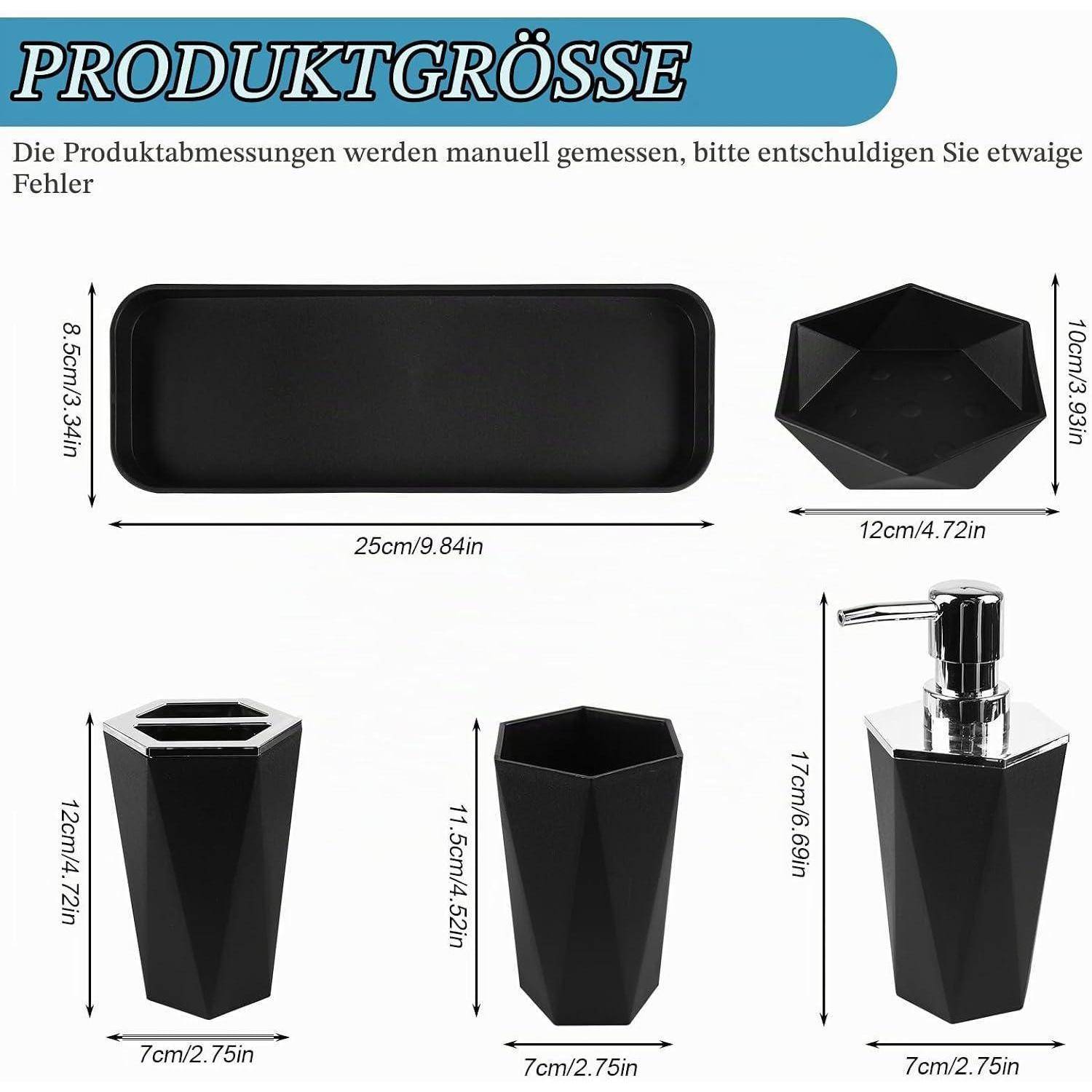 Produktgrößentabelle mit einem schwarzen geometrischen Badezimmerset: Tablett 25 cm × 8 cm, Behälter 12 cm × 10 cm, Zahnputzbecher und Seifenspender 7 cm × etwa 12 bis 17 cm.
