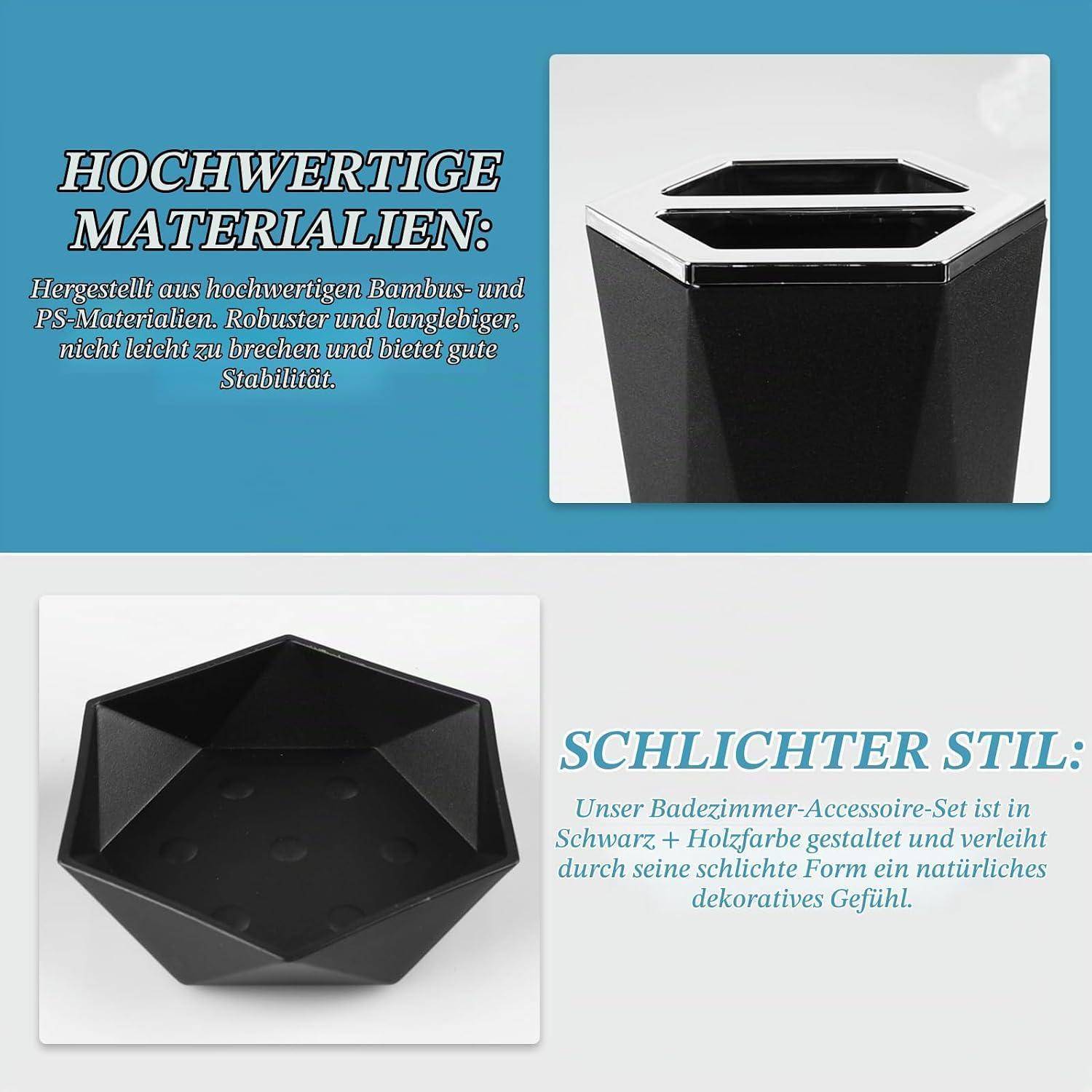 Werbegrafik zeigt ein schwarzes geometrisches Badezimmeraccessoire, das hochwertige Bambus- und PS-Materialien sowie ein einfaches, natürliches Design hervorhebt.