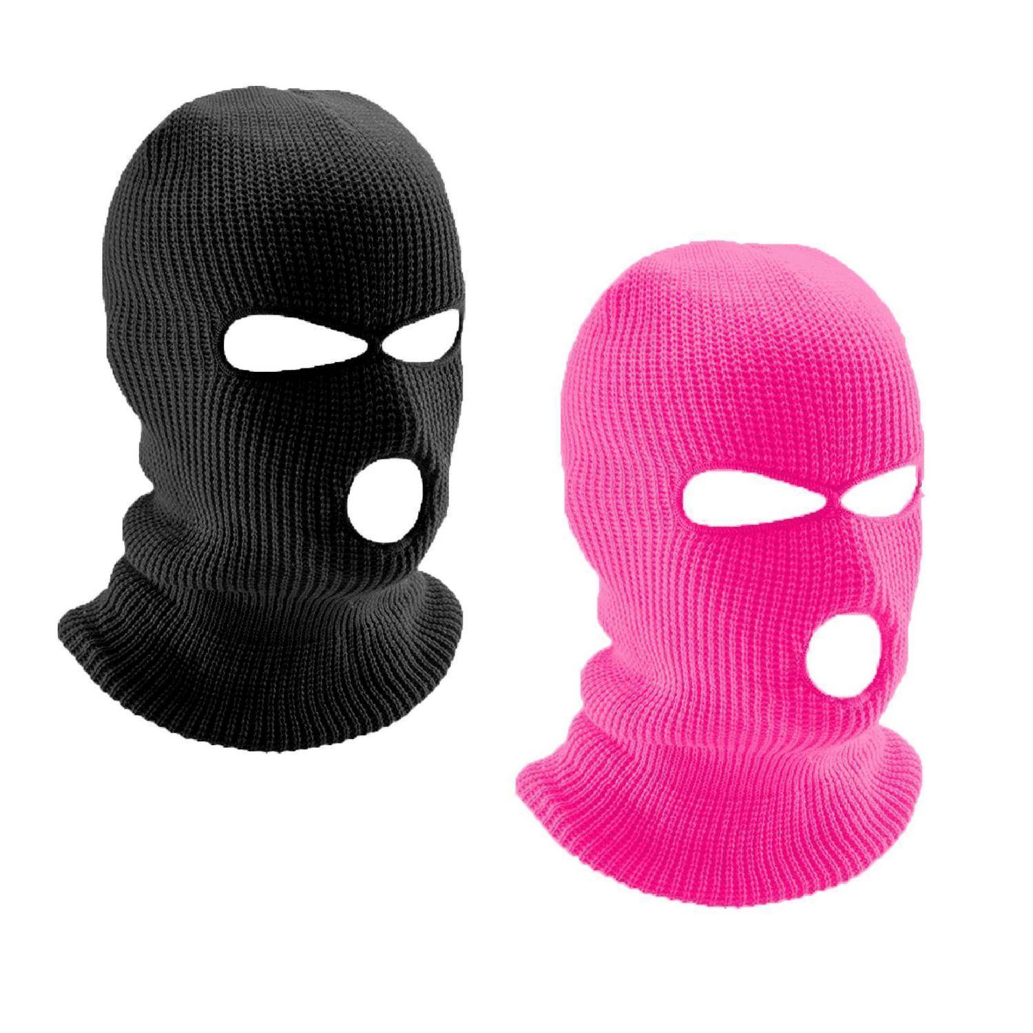 Schwarze und rosa Strickmützen zum Skifahren mit Augen- und Mundöffnungen, nebeneinander auf weißem Hintergrund dargestellt.