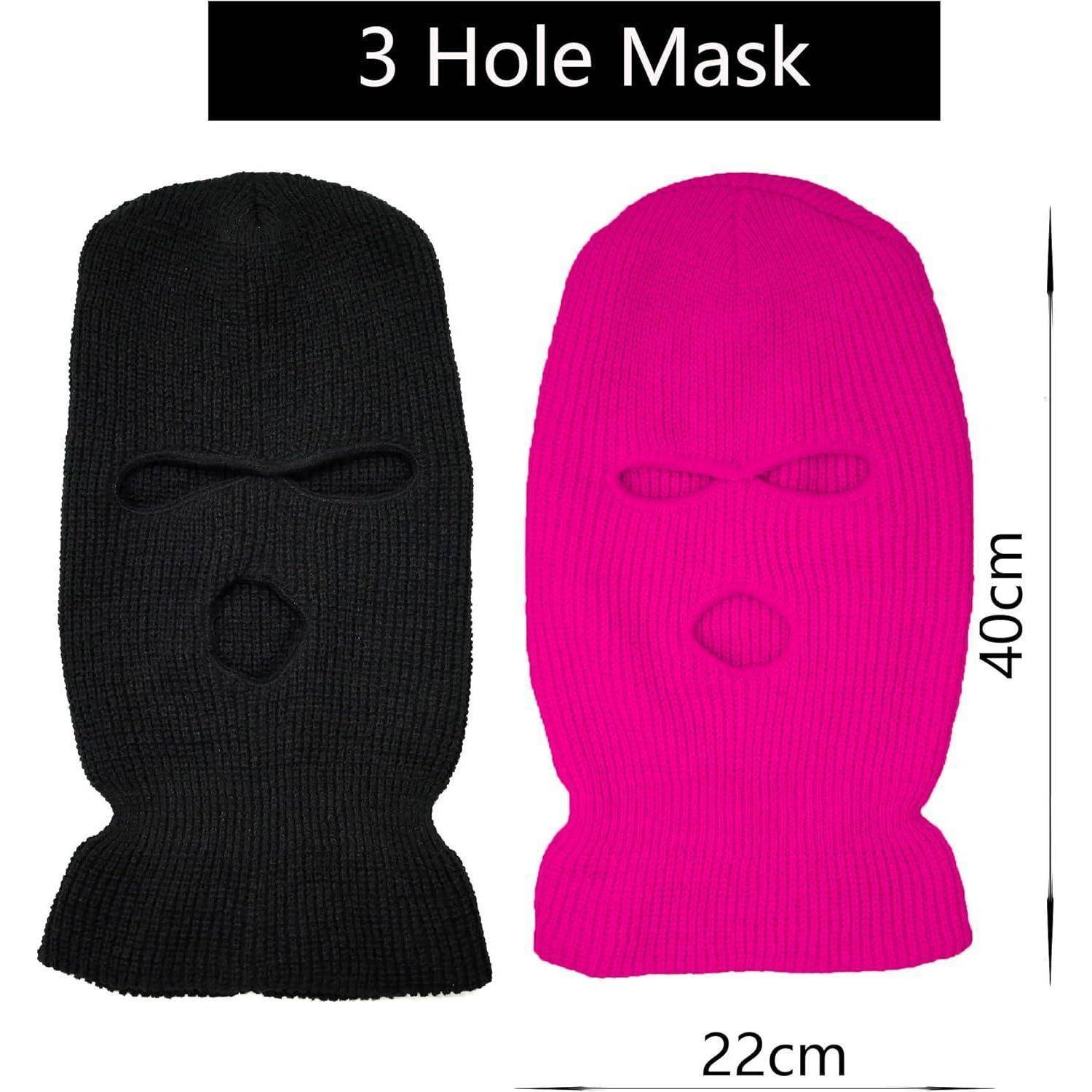 Produktbild einer „3-Loch-Maske" in Schwarz und leuchtendem Rosa, das zwei Skipisten-Sturmhauben mit Augen- und Mundöffnungen zeigt; Abmessungen gekennzeichnet mit 40 cm Höhe und 22 cm Breite.