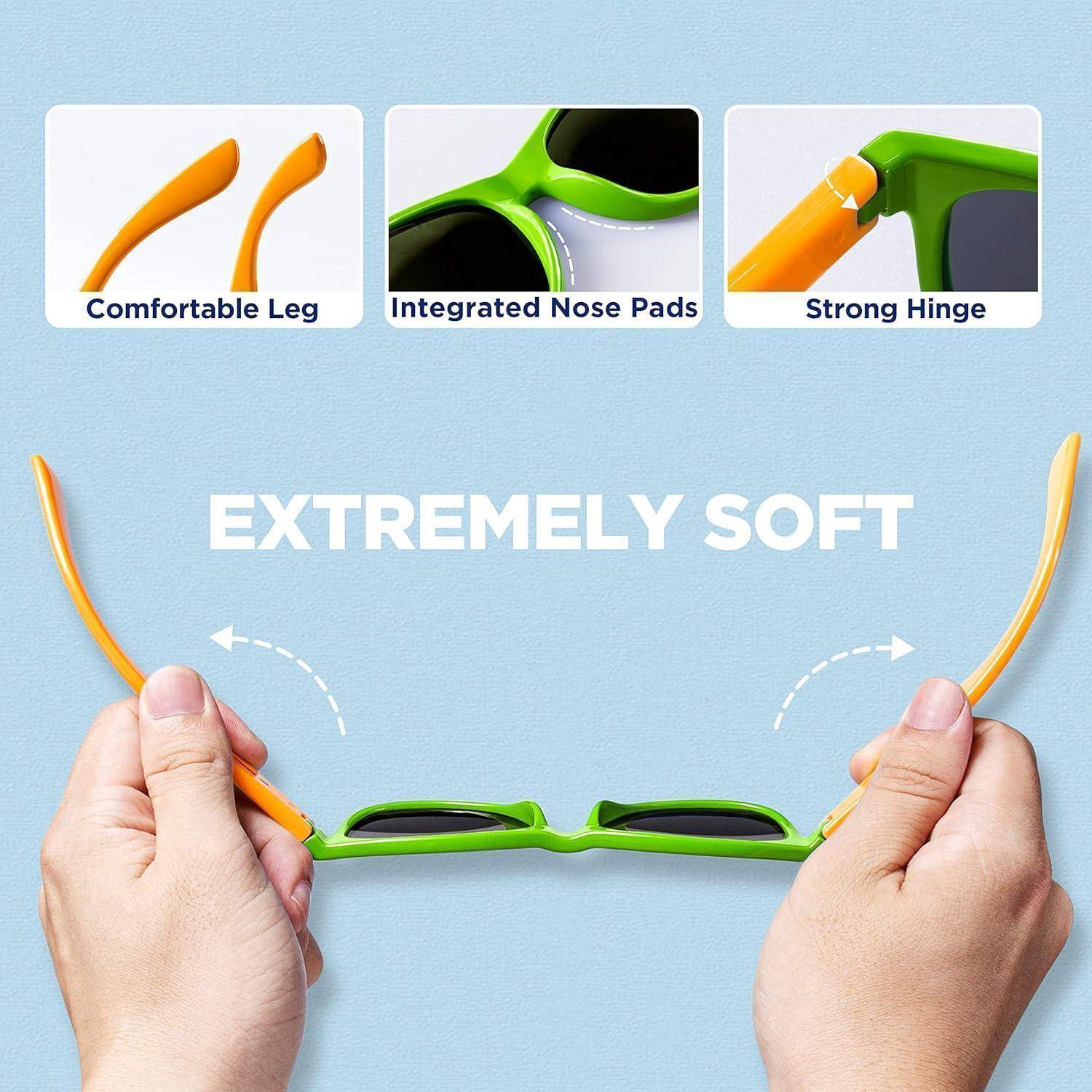Anzeige mit flexiblen grün-orangefarbenen Brillenfassungen, die von Händen gebogen werden, gekennzeichnet mit „Bequemer Bügel", „Integrierte Nasenpads"", „Starkes Scharnier"" und „ÄUSSERST WEICH"".