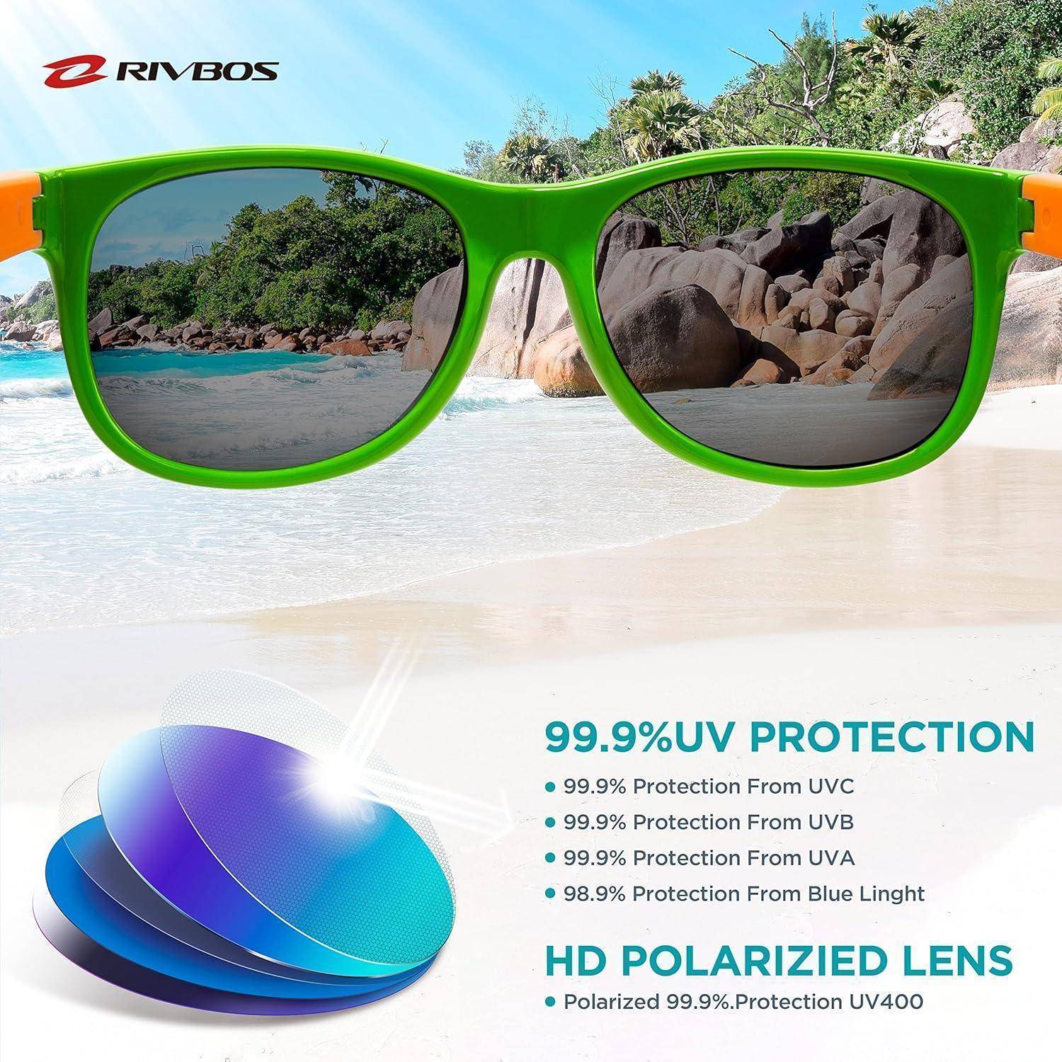 Grüne Sonnenbrille mit verspiegelten Gläsern am Strand, die 99,9 % UV-Schutz und HD-polarisierte Gläser mit UV400-Blockierung bewirbt.