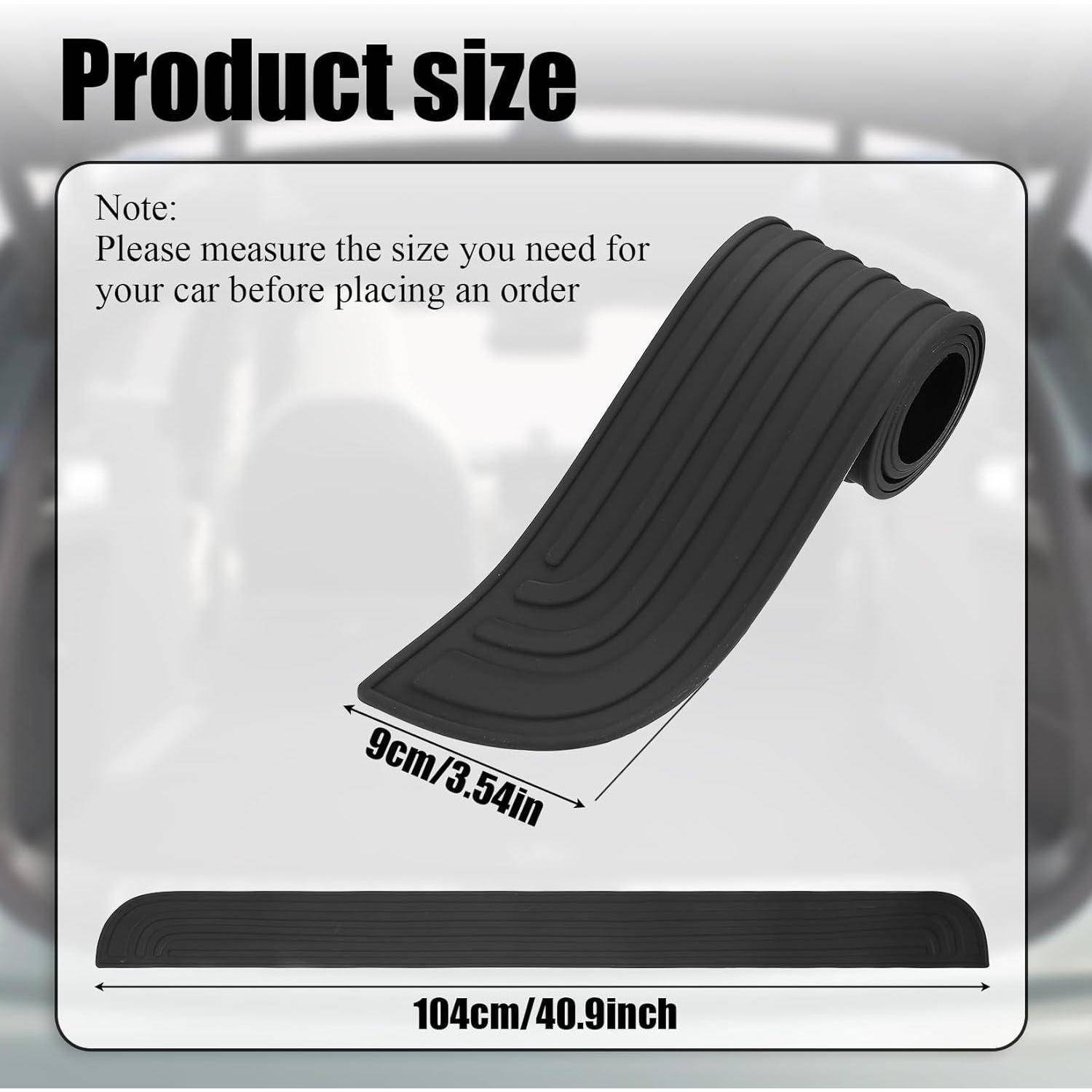Produktgrößen-Diagramm, das eine gekrümmte schwarze Autobahn und eine gerade Basis zeigt, mit den Beschriftungen 9 cm/3,54 Zoll und 104 cm/40,9 Zoll, sowie einem Hinweis, vor der Bestellung Ihr Auto zu messen.