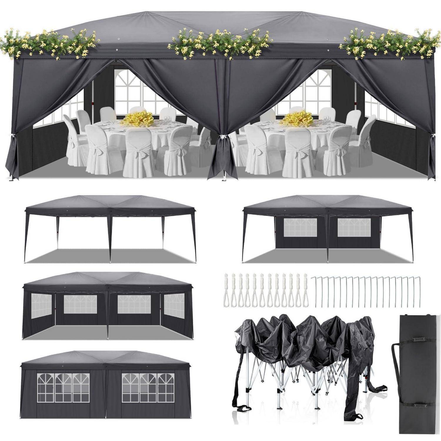 Collage eines schwarzen Pop-up-Veranstaltungspavillons mit Seitenpaneelen und Fenstern, sowie zusammengeklapptem Zeltgestell, Wänden und Tragetasche; eine Ansicht zeigt ein dekoriertes Essbereich-Setup im Inneren.