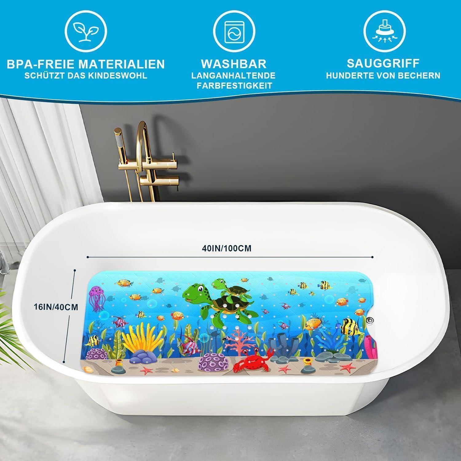 Weiße Baby-Badewanne mit farbenfrohem Unterwasser-Meeresschildkröten-Design; gekennzeichnet mit 40IN/100CM x 16IN/40CM, mit deutschem Text, der BPA-freie Materialien, Farbbeständigkeit und starken Sauggriff bewirbt.