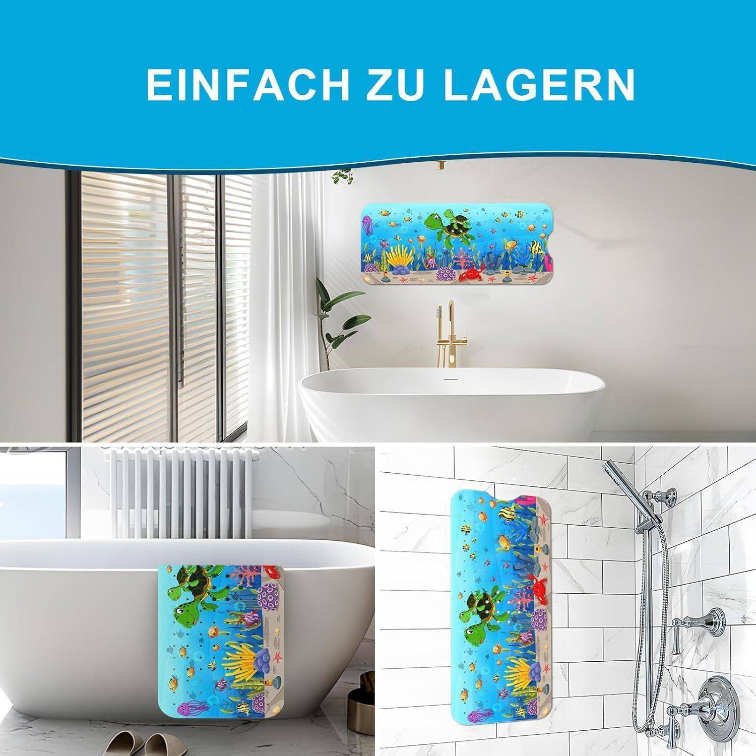 Collage, die eine farbenfrohe, unterwasserthematische Badewannenmatte, die in einem Badezimmer verwendet wird, mit dem deutschen Text „EINFACH ZU LAGERN