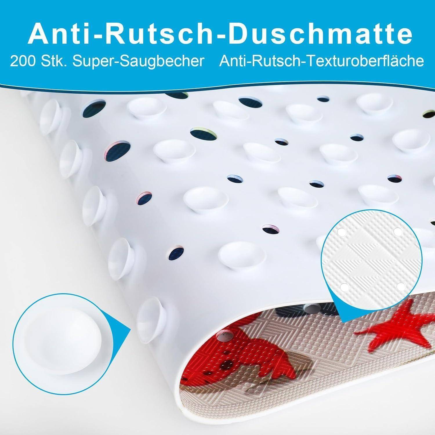 Rutschfeste Badematte mit Saugnapfen und strukturierter Oberfläche, dargestellt in Weiß mit blauer Kopfzeile 'Anti-Rutsch-Duschmatte' und '200 Stk. Super-Saugbecher'.