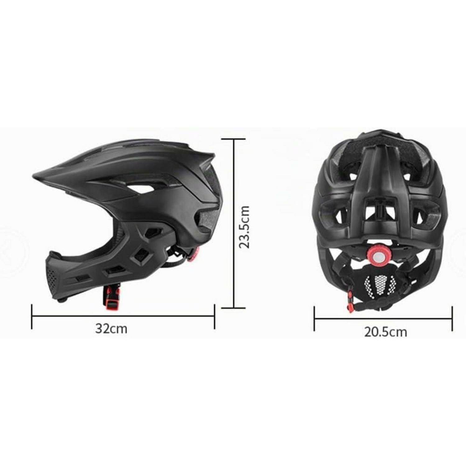 Produktbild eines schwarzen Integralhelms in Seiten- und Frontansicht, mit den Abmessungen 32 cm Breite und 23,5 cm Höhe; Frontbreite 20,5 cm.