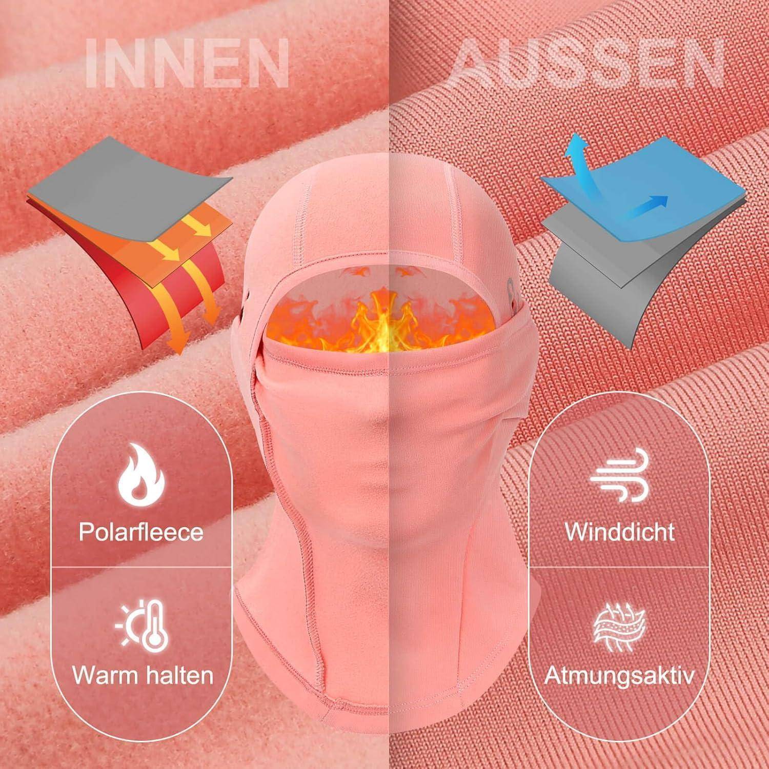 Diagramm einer rosa Sturmhaube mit Isolierung innen und winddichtem, atmungsaktivem Schutz außen; Beschriftungen in Deutsch heben Polarfleece und Wärmespeicherung auf der Innenseite sowie Winddicht und Atmungsaktiv auf der Außenseite hervor.