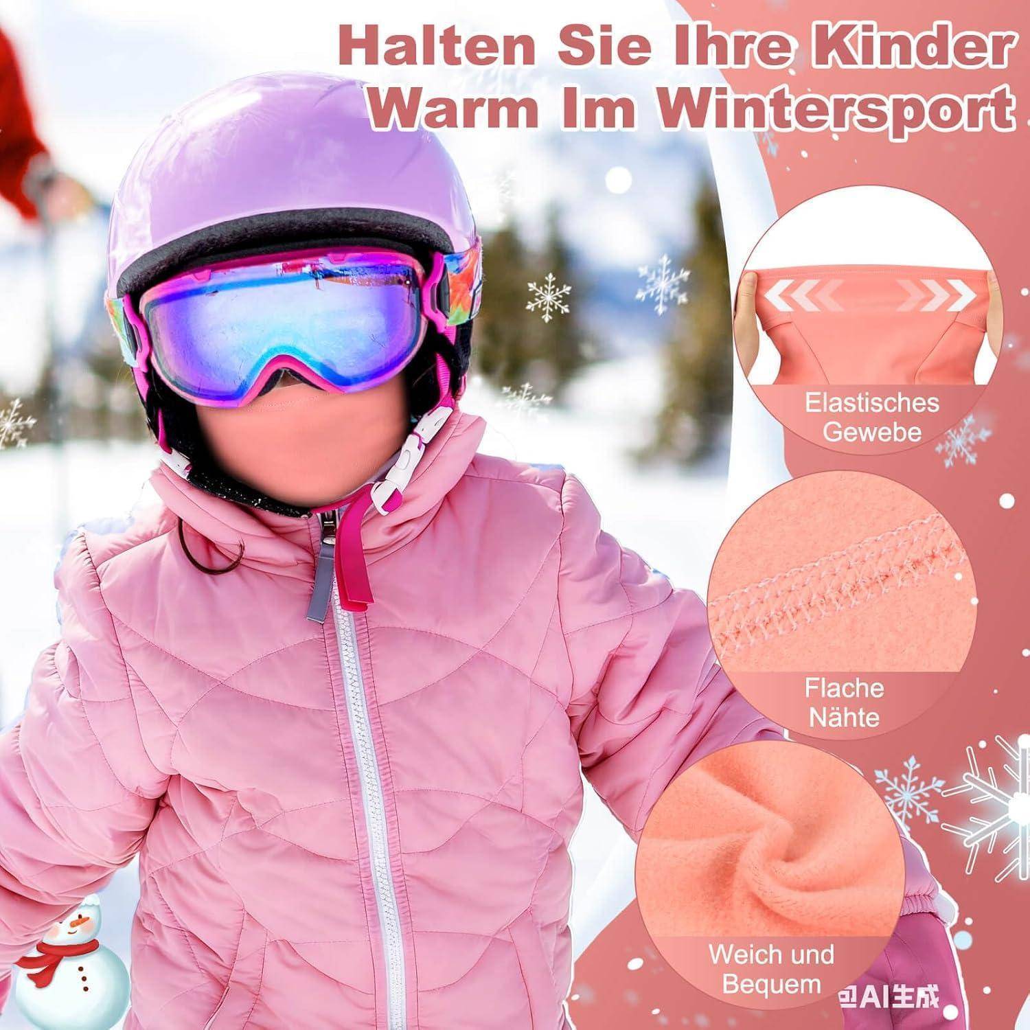 Kind in rosa Skijacke, Helm und Schutzbrille im Schnee; deutscher Text sagt „Halten Sie Ihre Kinder im Wintersport warm" und hebt dehnbaren Stoff, flache Nähte und weiches Tragegefühl hervor.