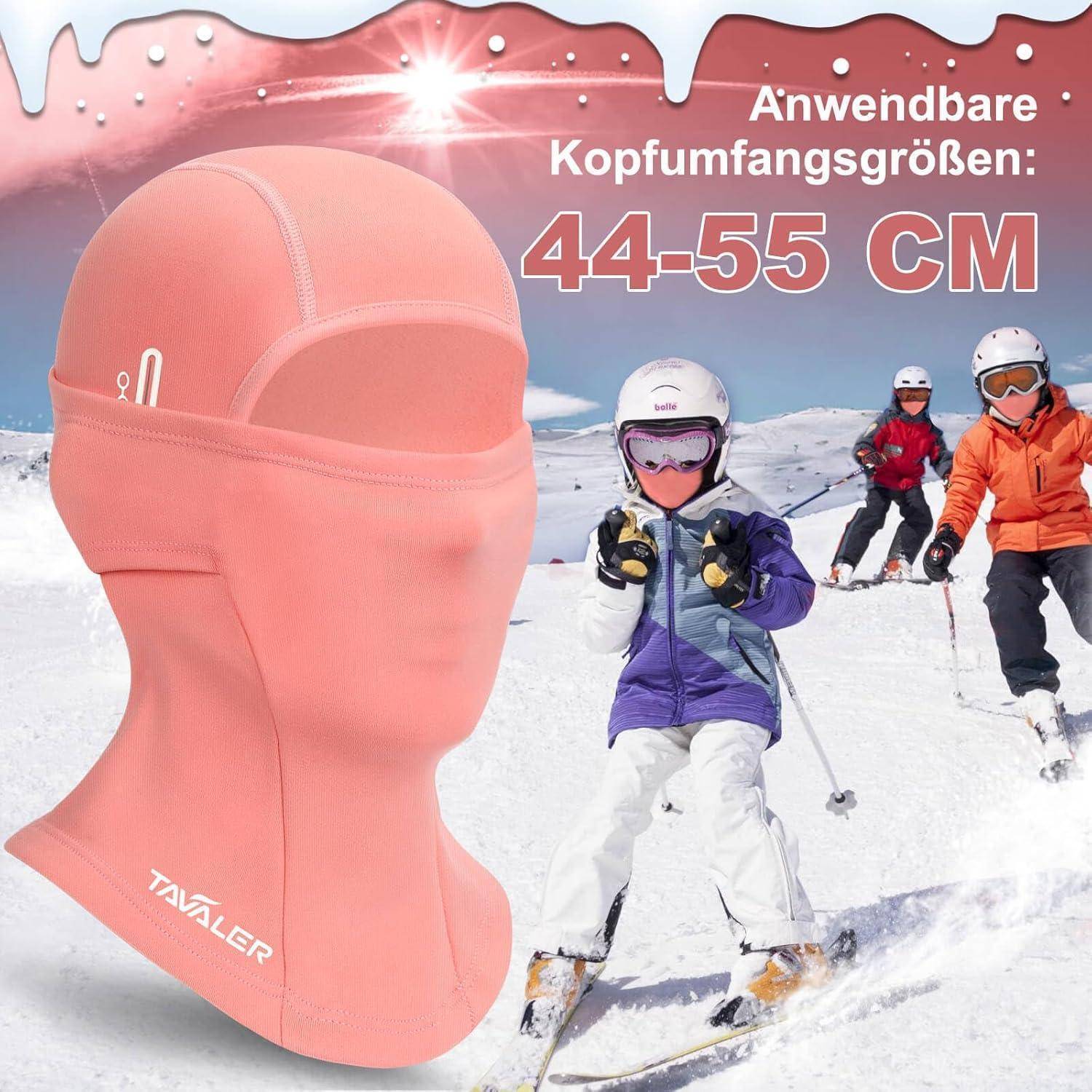 Rosa Ski-Balaclava shown mit Kindern beim Skifahren; Text sagt „Anwendbare Kopfumfangsgrößen: 44-55 CM".