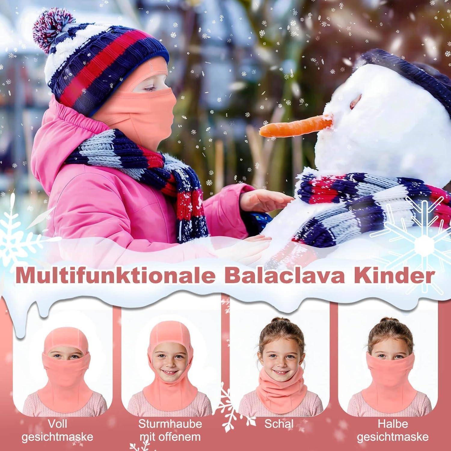 Winterprodukt-Anzeige für Kinder-Multifunktions-Sturmhaube, zeigt ein Kind in rosa Gesichtsabdeckung neben einem Schneemann und vier Trageoptionen mit den Etiketten Vollgesichtsmaske, Sturmskapuze, Schal und Halbgesichtsmaske.
