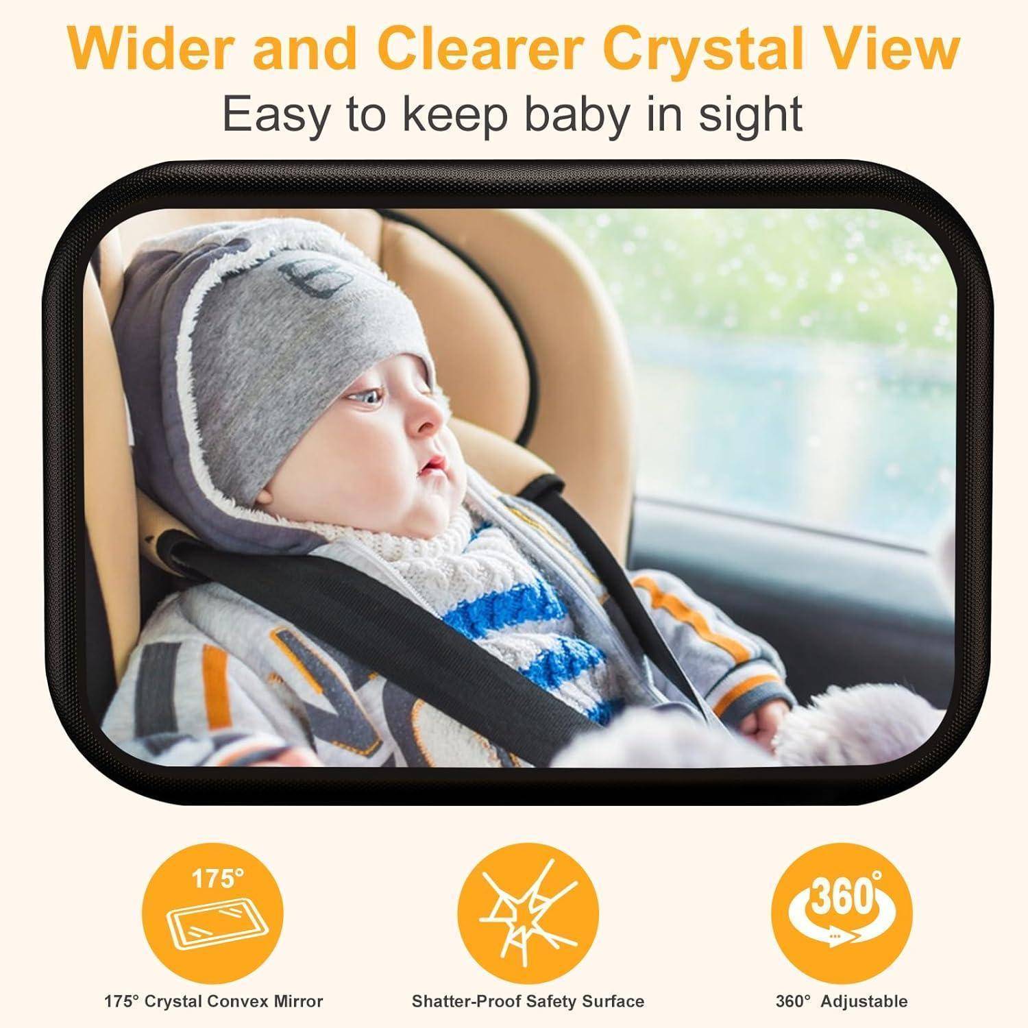 Anzeige für einen Babyspiegel für Autos mit einem sichtbaren Säugling in einem breiten, klaren, um 360 Grad verstellbaren bruchsicheren Spiegel; der Text lautet „Breitere und klarere Kristallsicht