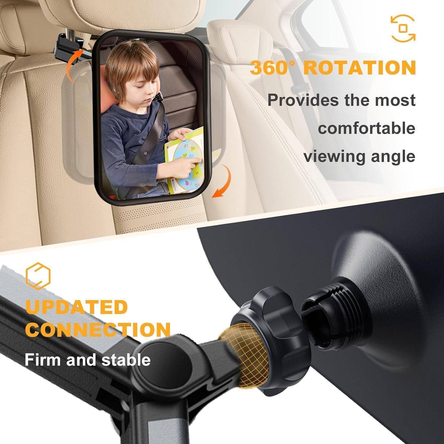 360°-Drehbarer Auto-Sitzbehälter-Clip zum Halten eines Tablets für ein Kind, mit Text, der „360° ROTATION