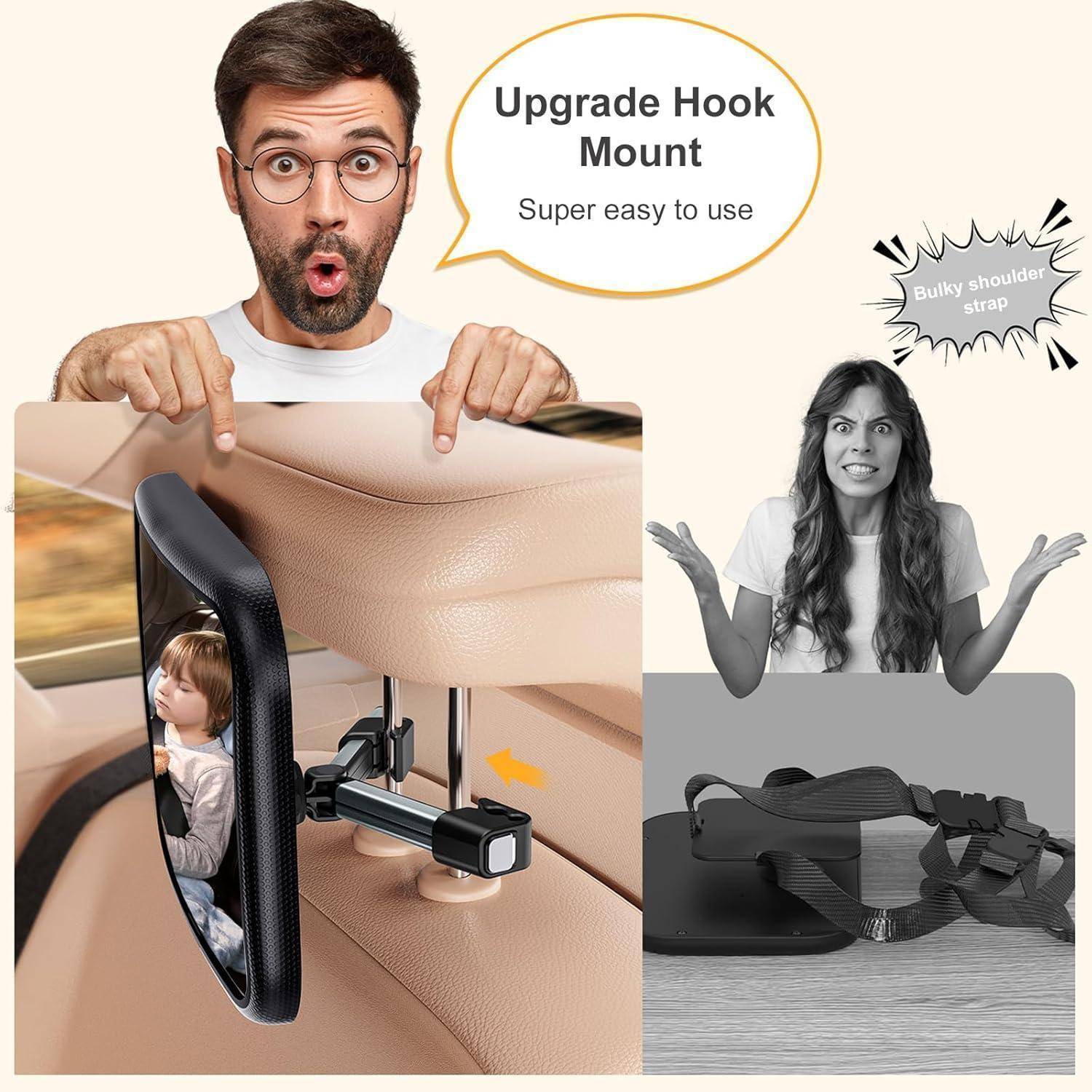 Produktanzeige mit einer 'Upgrade-Hakenmontage', die einen sperrigen Schultergurt an eine Autokopfstütze befestigt; der Text lautet: 'Super einfach zu bedienen' und 'Sperriger Schultergurt.